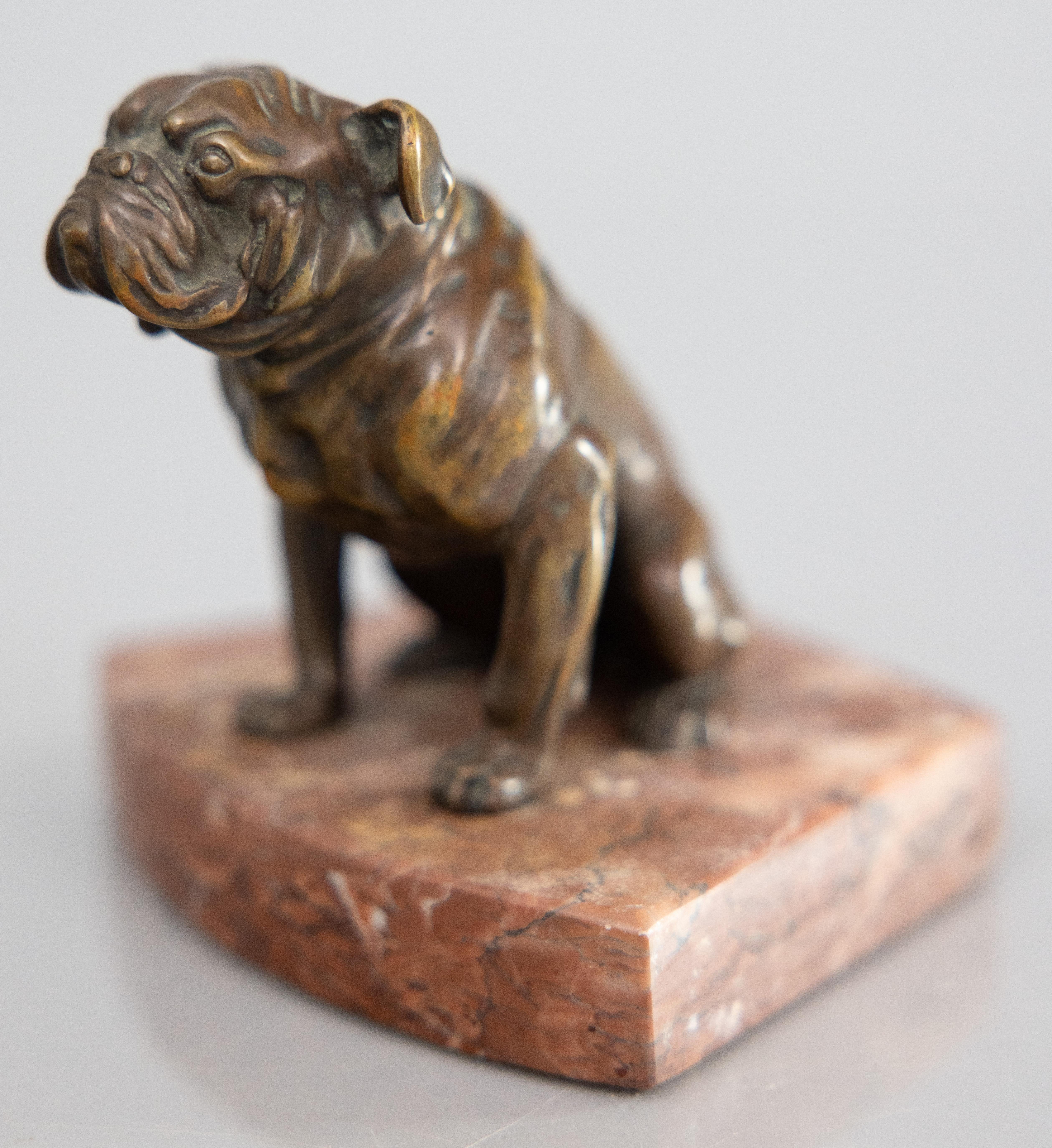 20th Century Antique English Bronze Bulldog Sculpture Paper Weight on Marble Base For Sale