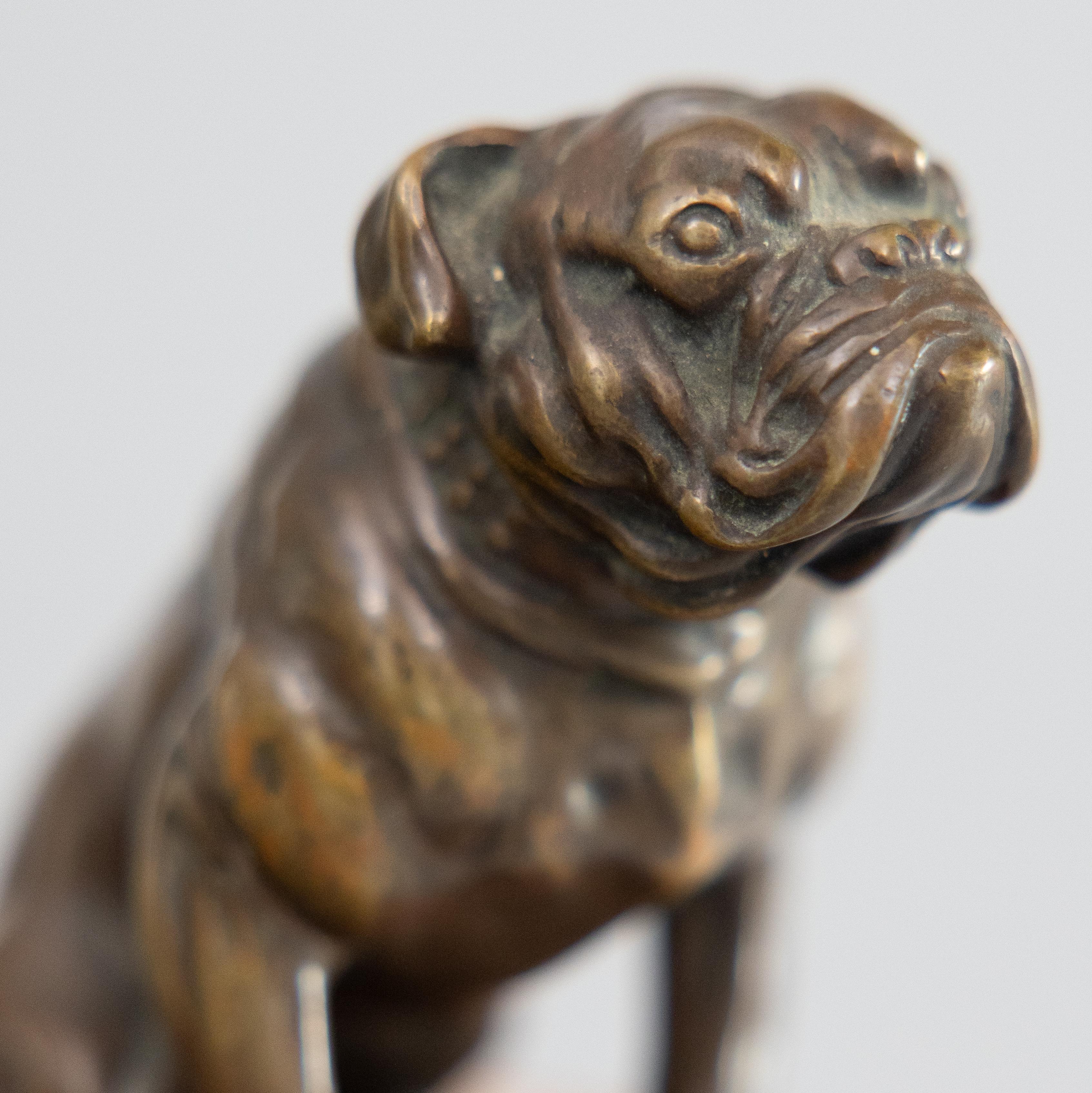 Antique English Bronze Bulldog Sculpture Paper Weight on Marble Base For Sale 2