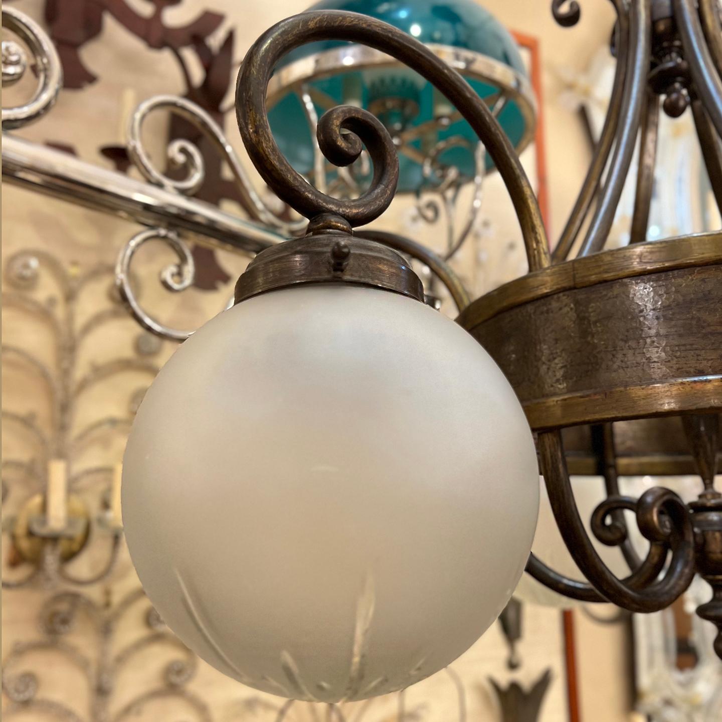 Antique English Bronze Chandelier with Glass Globes For Sale 2