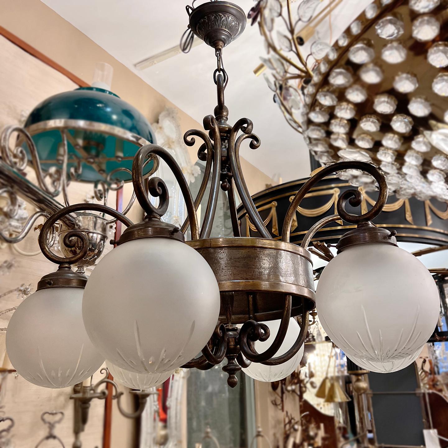 Antique English Bronze Chandelier with Glass Globes For Sale 4