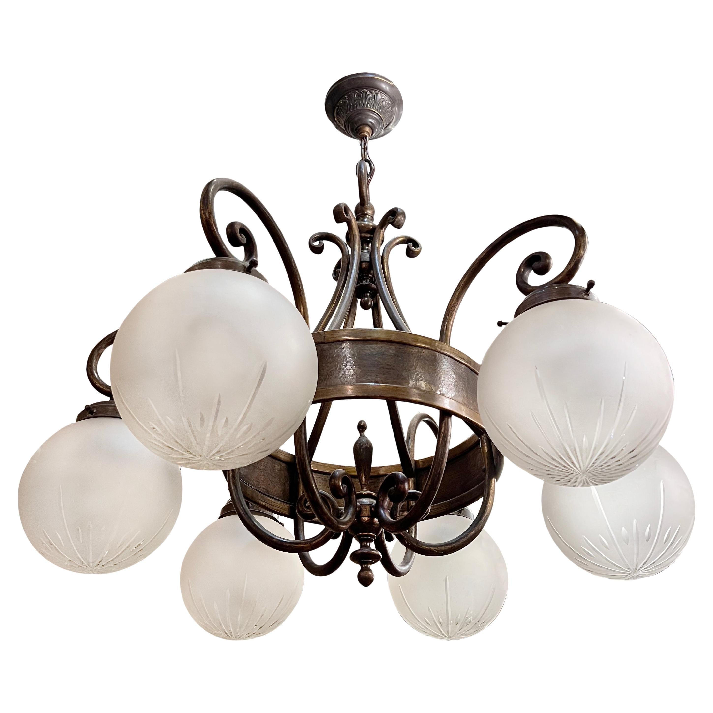 Antique English Bronze Chandelier with Glass Globes For Sale
