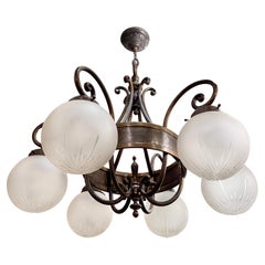 Vintage English Bronze Chandelier with Glass Globes