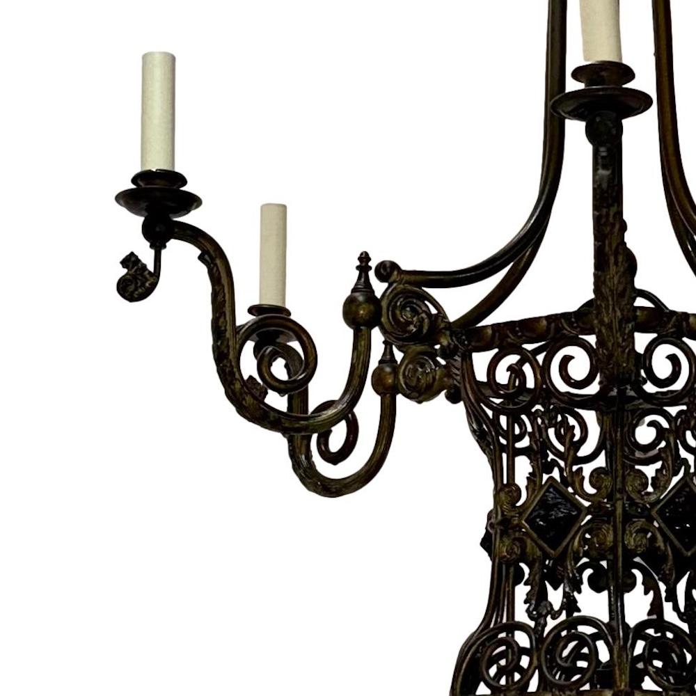 Early 20th Century Antique English Bronze Chandelier with Open Work Body For Sale