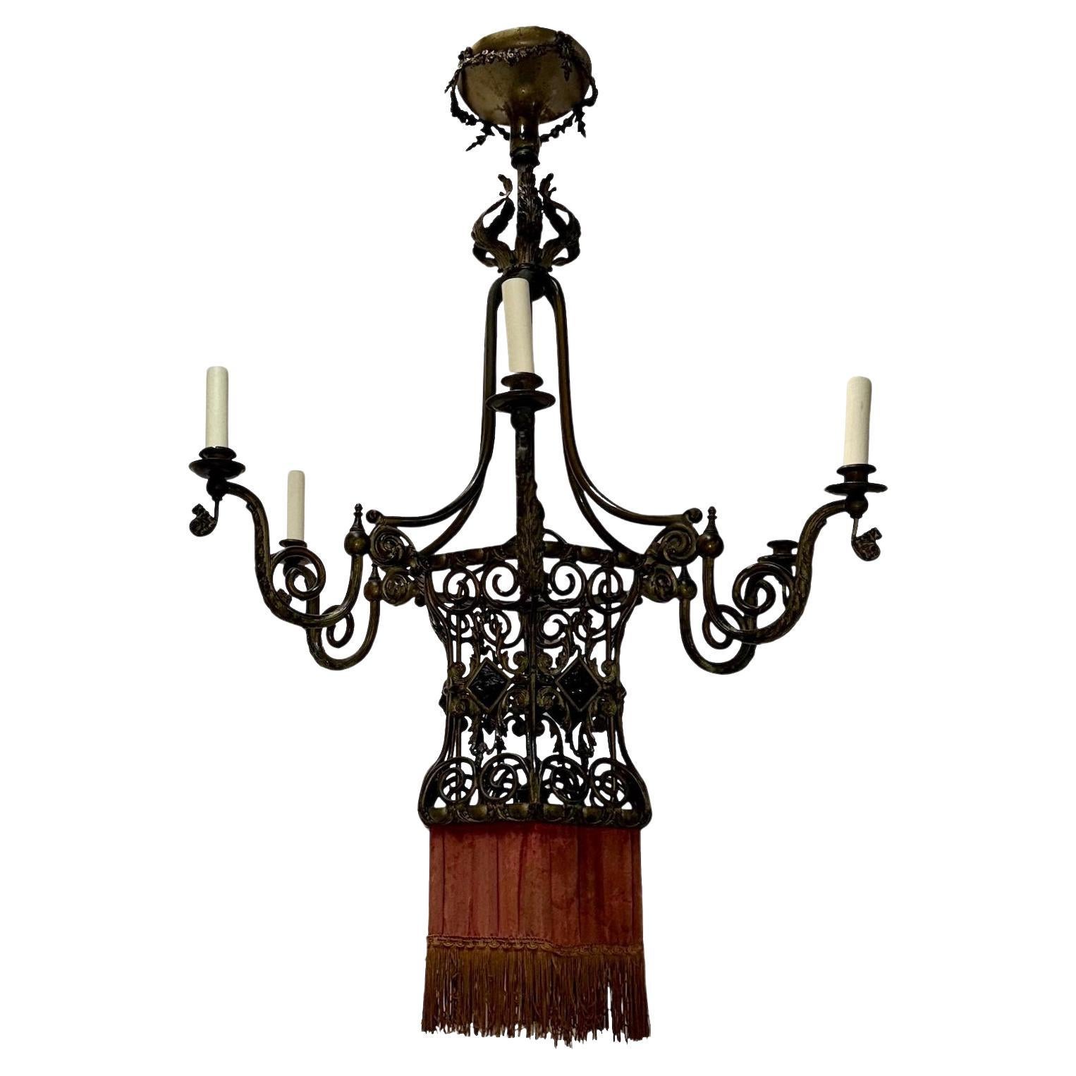 Antique English Bronze Chandelier with Open Work Body For Sale