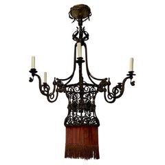 Antique English Bronze Chandelier with Open Work Body