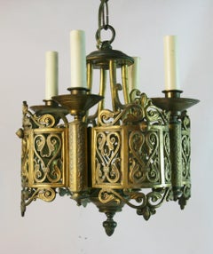 Antique English Bronze Four Light Church Chandelier, Hardwired, 1920s