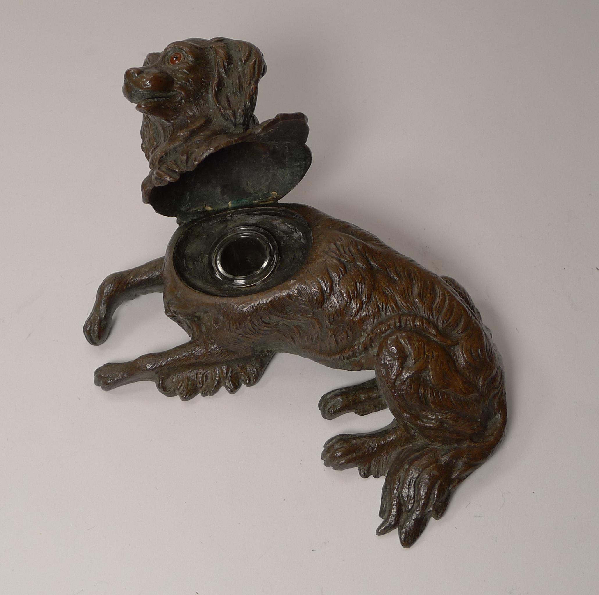 Late 19th Century Antique English Bronze Dog Inkwell, King Charles Spaniel, c.1880 For Sale