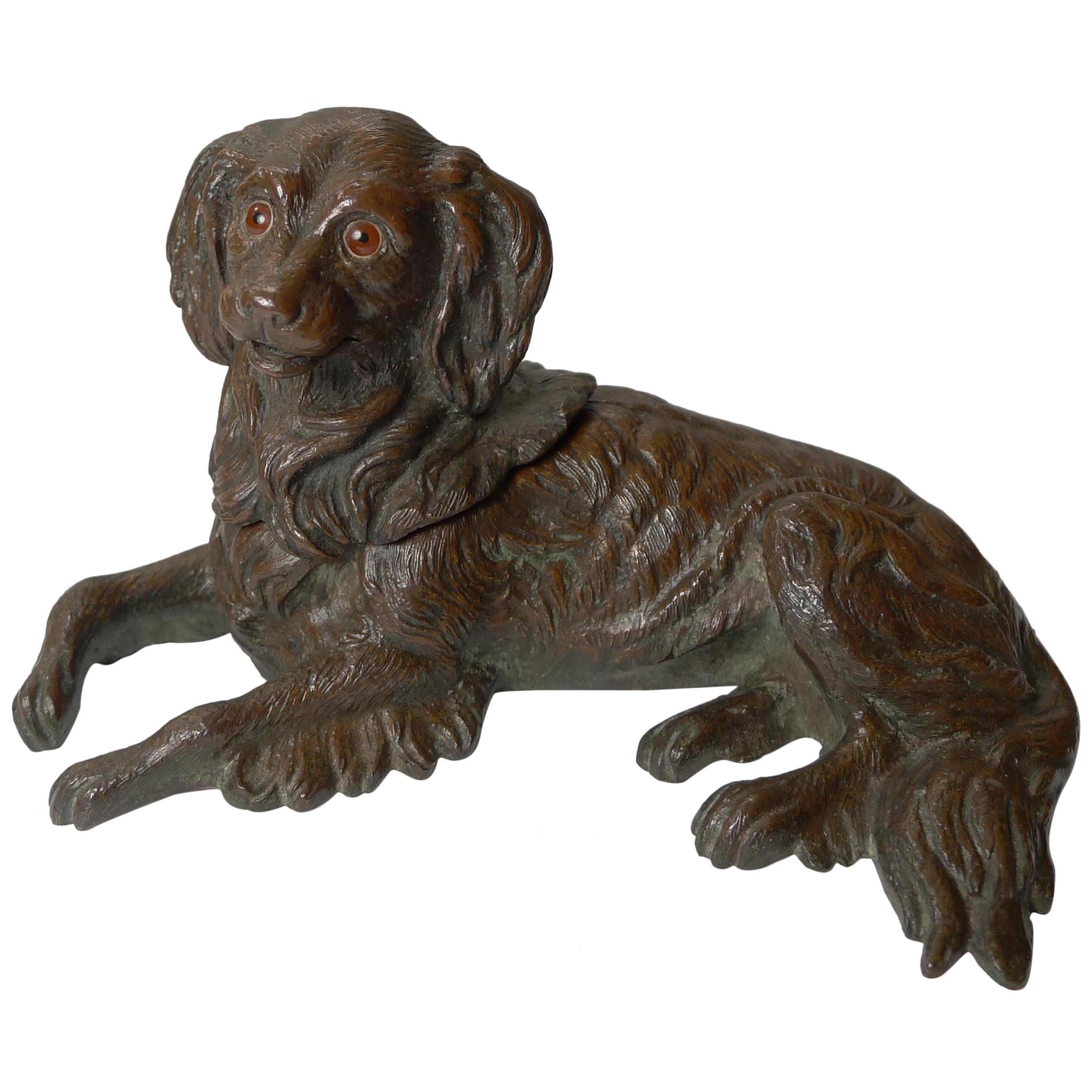 Antique English Bronze Dog Inkwell, King Charles Spaniel, c.1880 For Sale