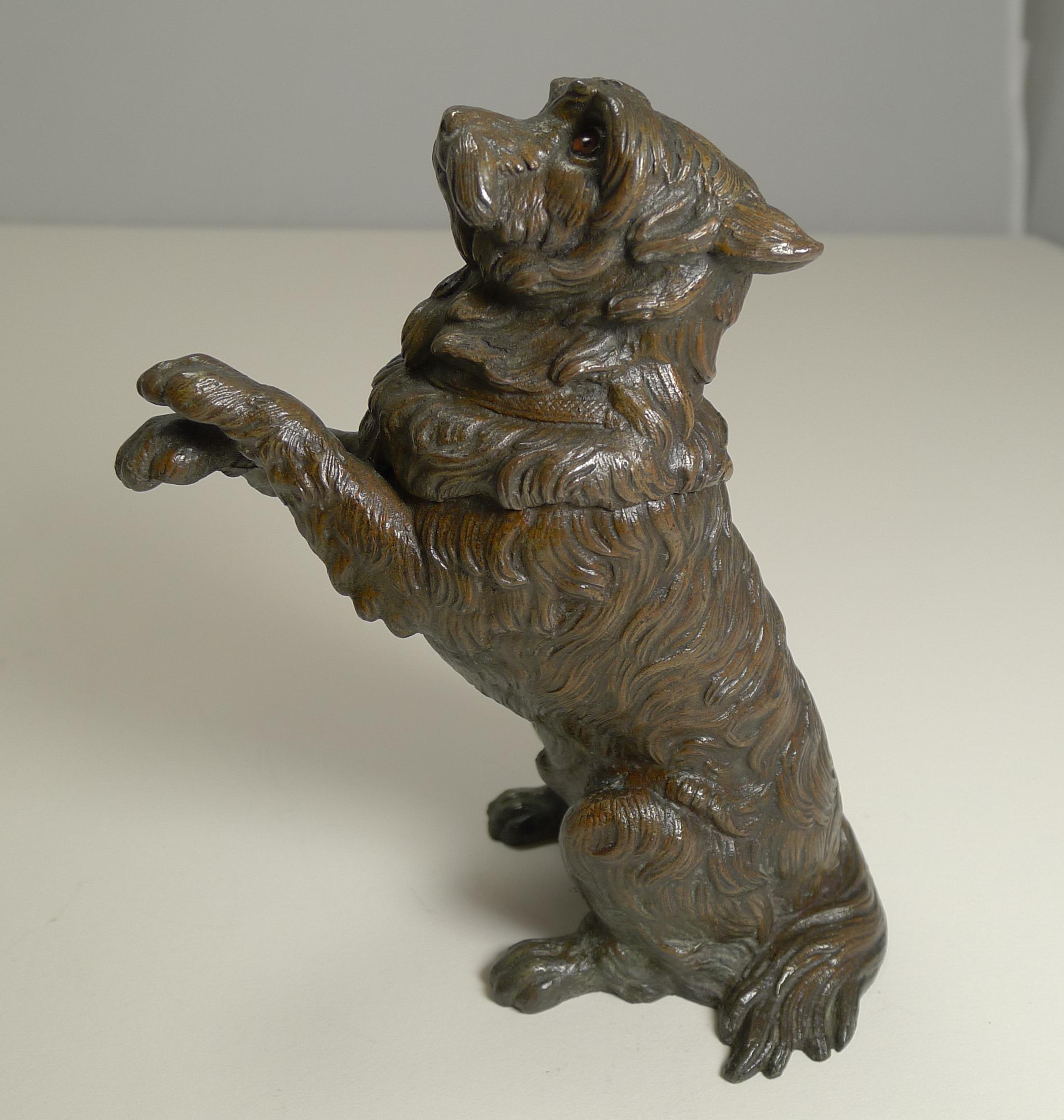 Late Victorian Antique English Bronze Figural Inkwell, Begging Dog with Glass Eyes, circa 1890