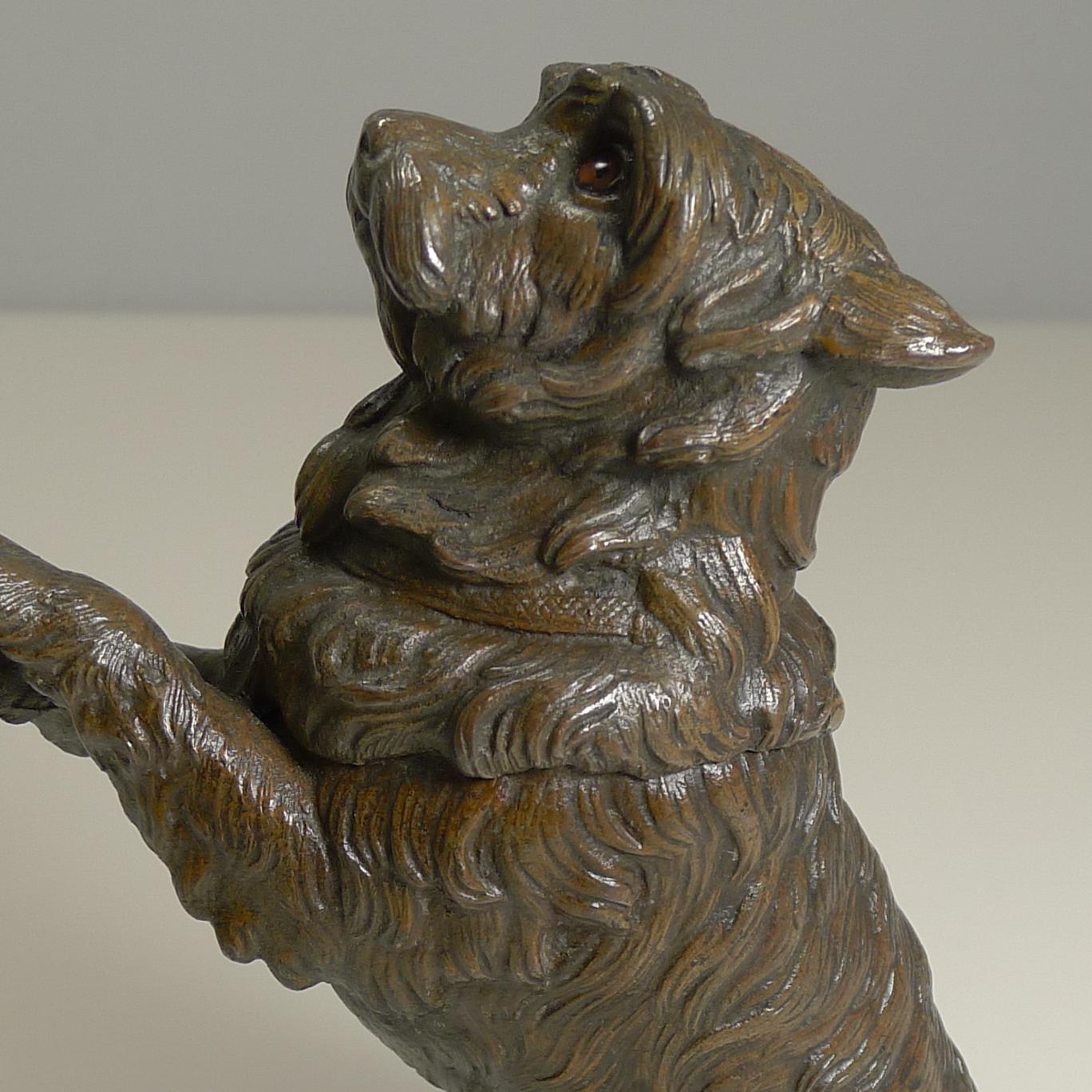 Antique English Bronze Figural Inkwell, Begging Dog with Glass Eyes, circa 1890 In Good Condition In Bath, GB