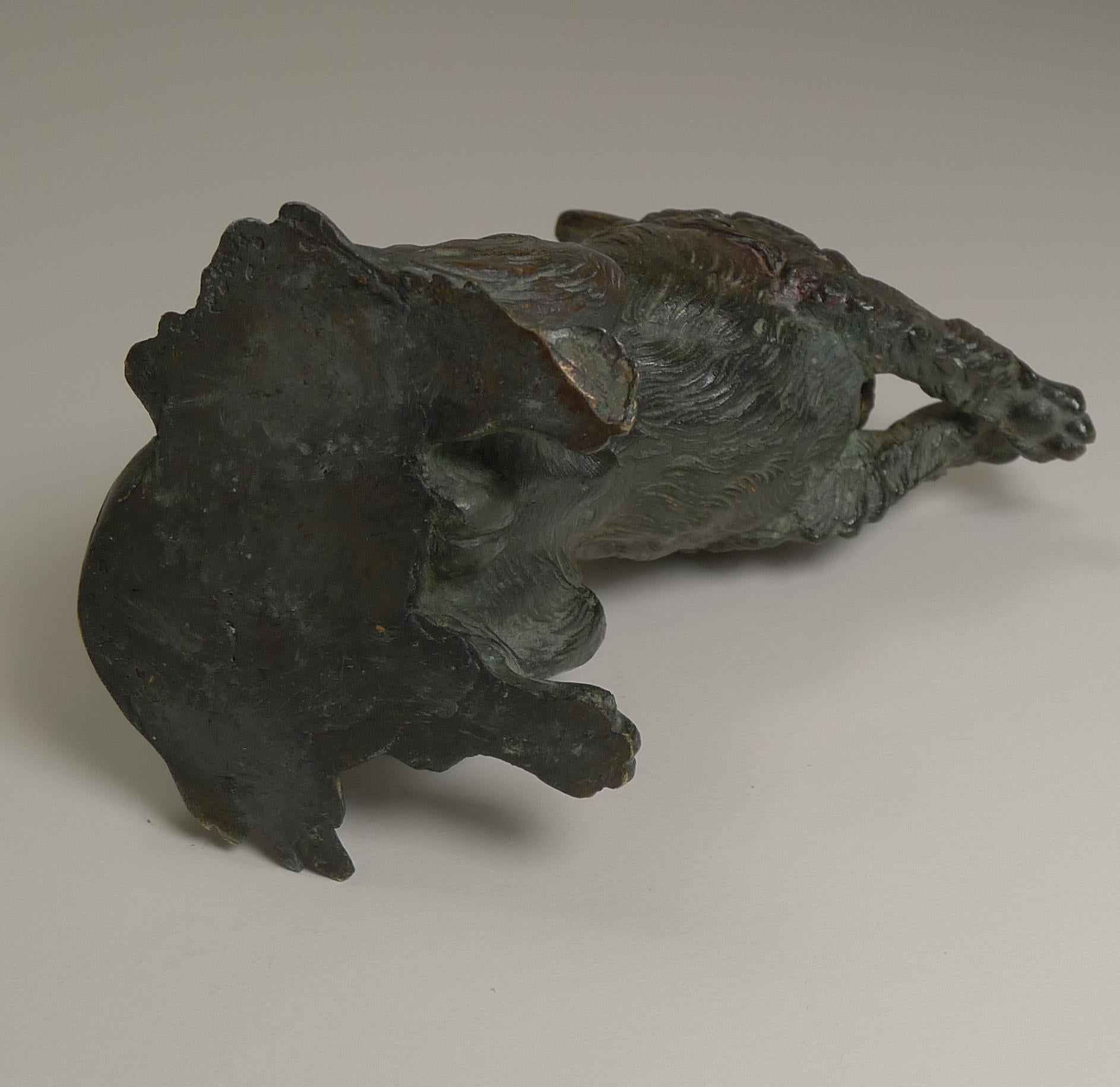 Late 19th Century Antique English Bronze Figural Inkwell, Begging Dog with Glass Eyes, circa 1890