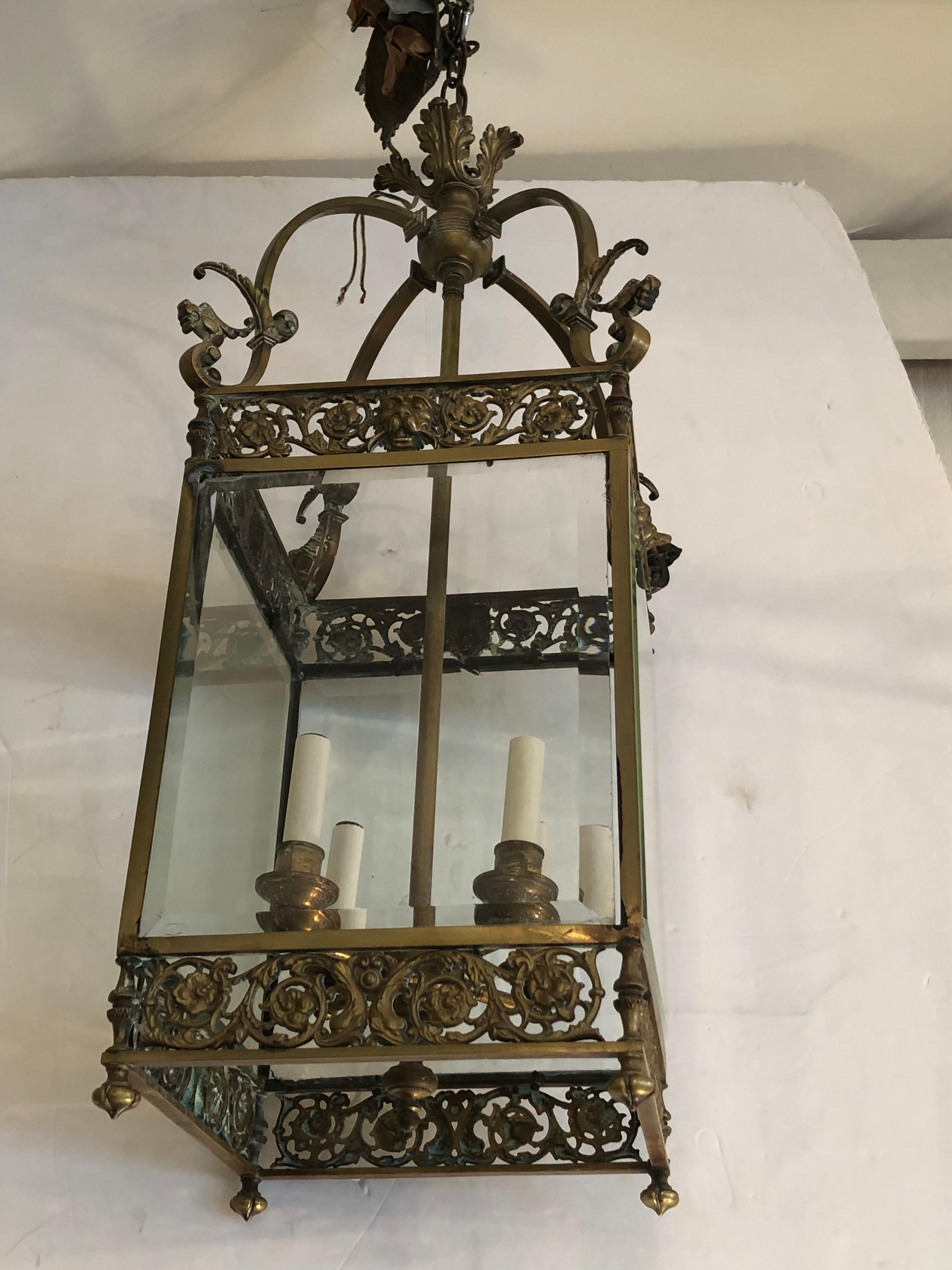 Antique English Bronze Regency Lantern Chandelier with Lion Heads and Griffins For Sale 6