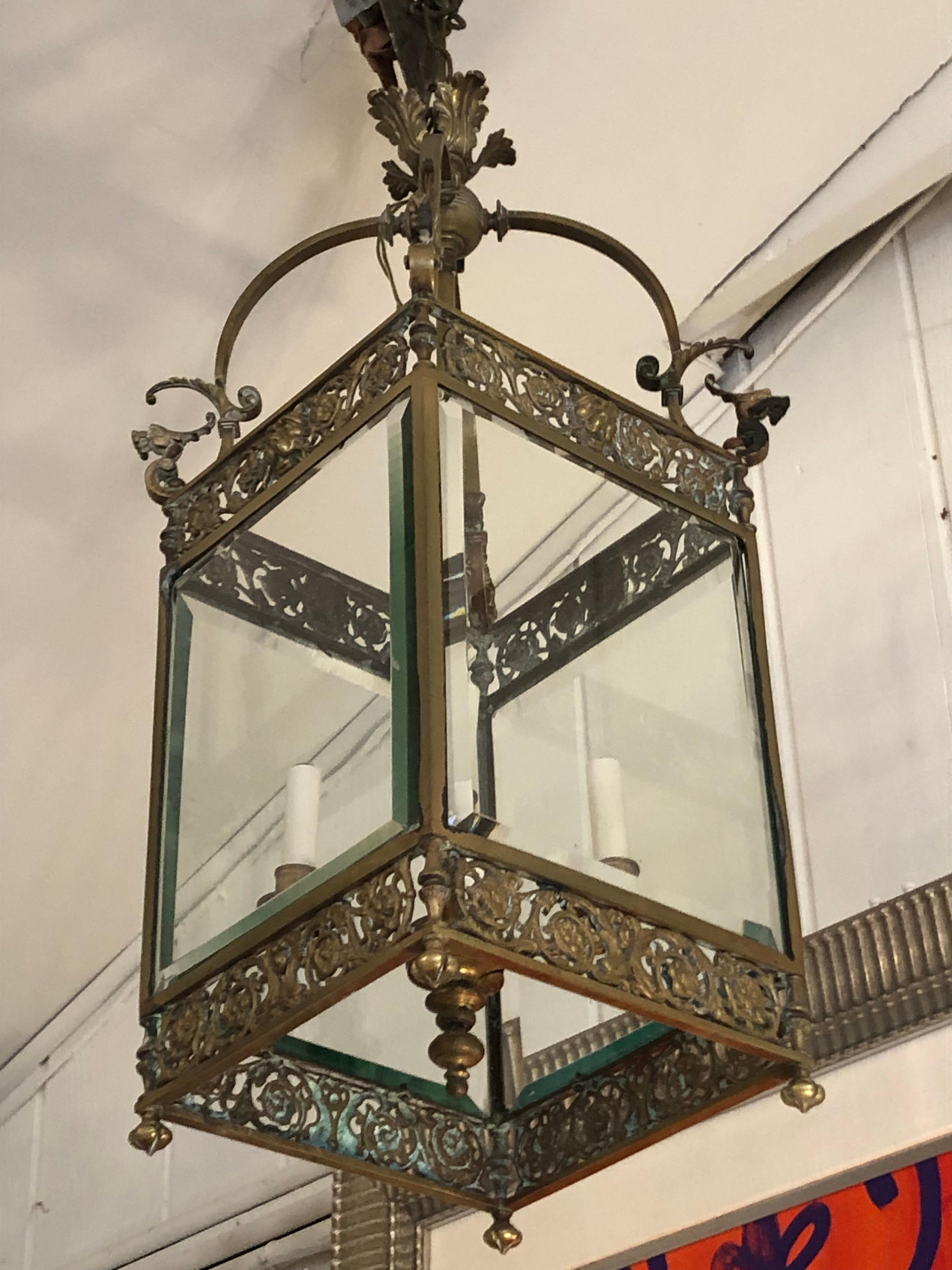 Antique English Bronze Regency Lantern Chandelier with Lion Heads and Griffins For Sale 3