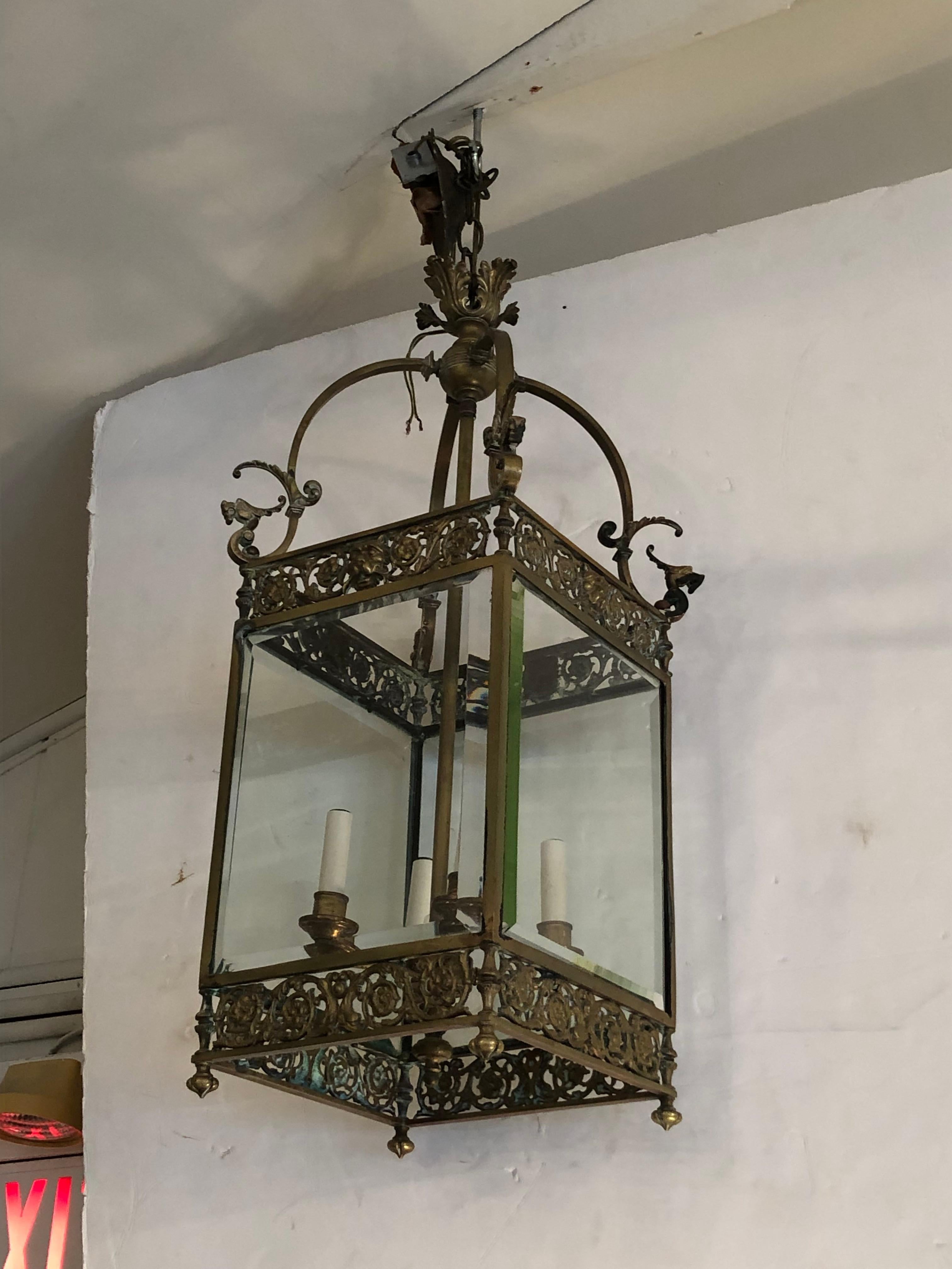 Antique English Bronze Regency Lantern Chandelier with Lion Heads and Griffins For Sale 4