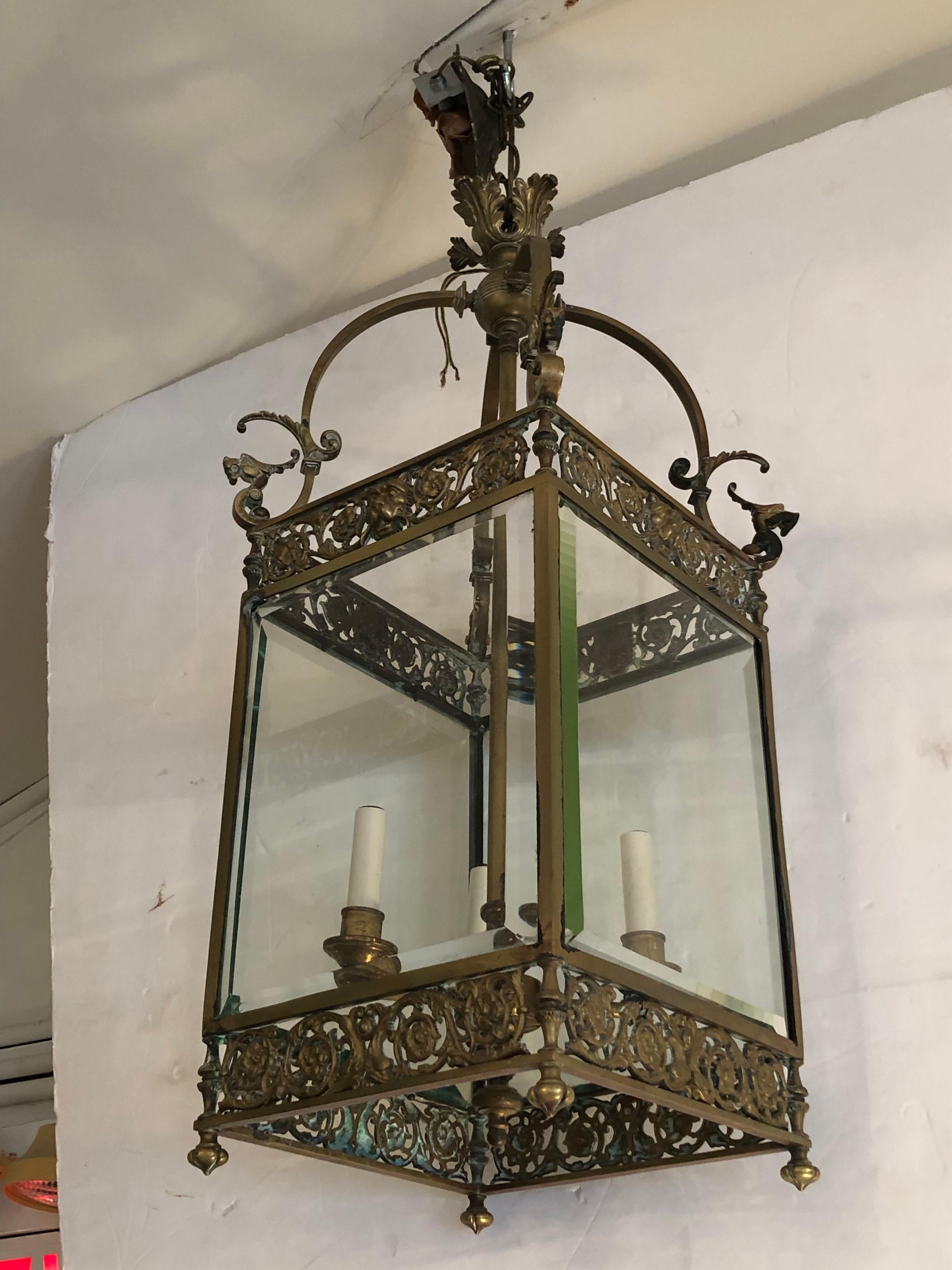 Antique English Bronze Regency Lantern Chandelier with Lion Heads and Griffins For Sale 5