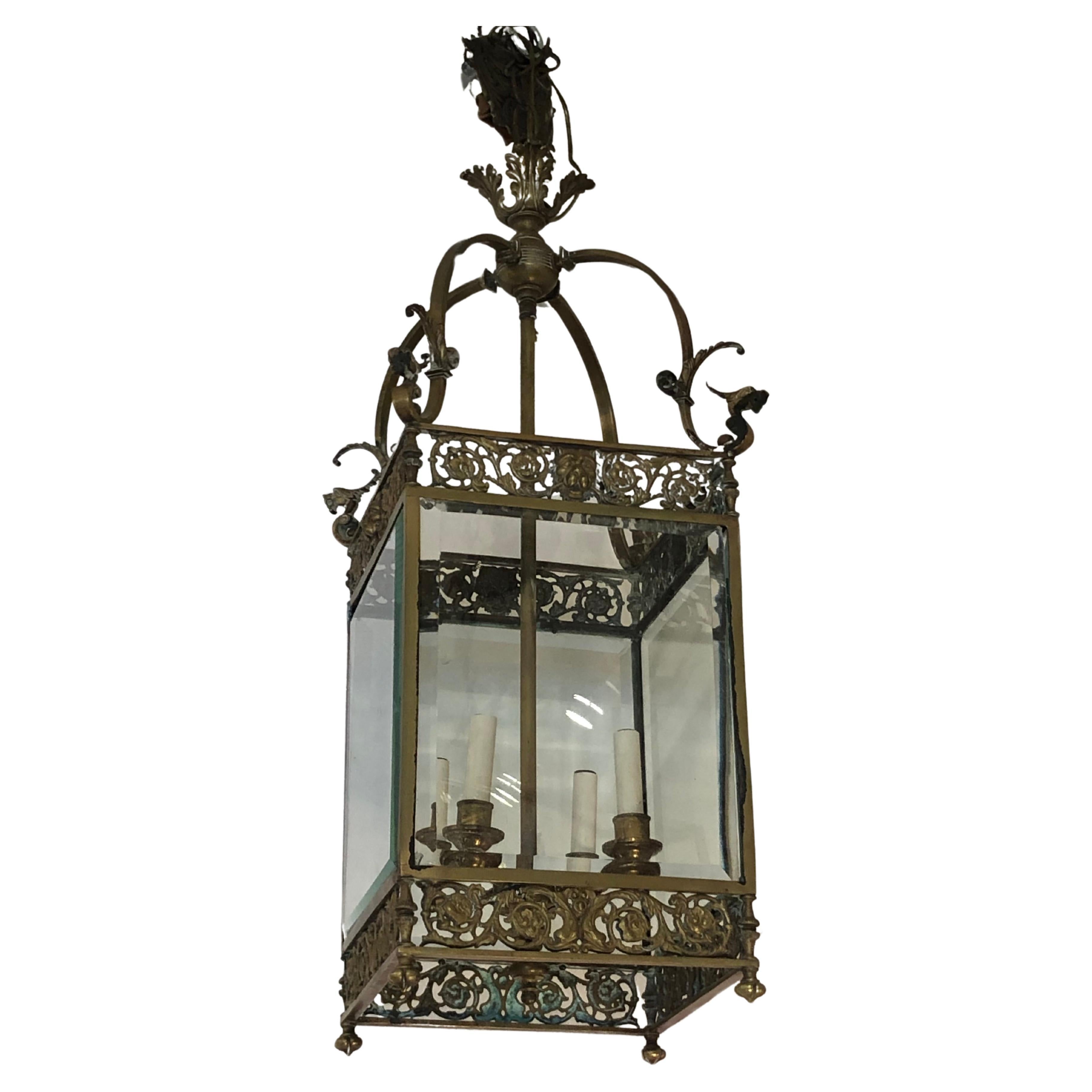 Antique English Bronze Regency Lantern Chandelier with Lion Heads and Griffins For Sale