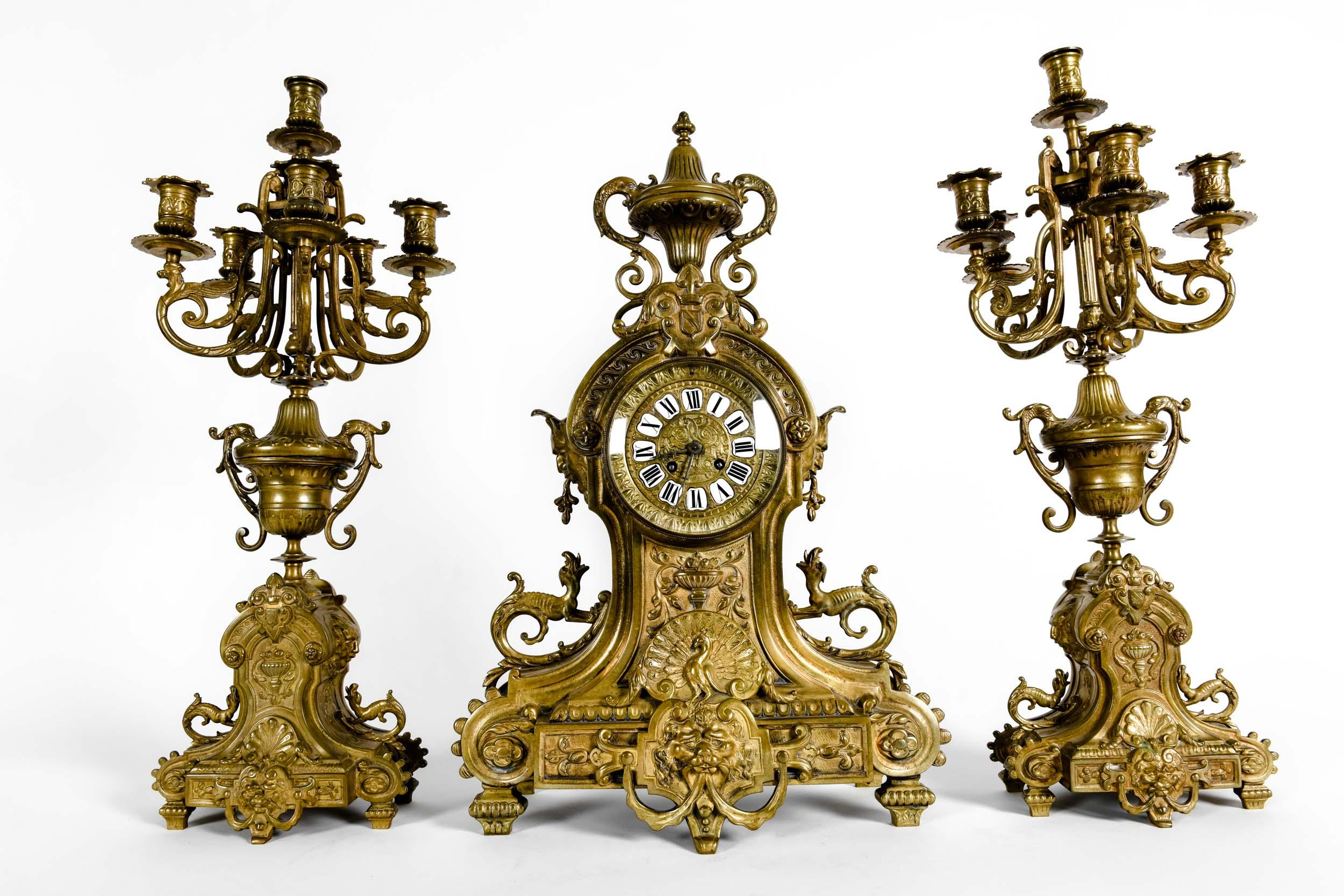 Antique English Bronze Three-Piece Clock Garniture Set 6