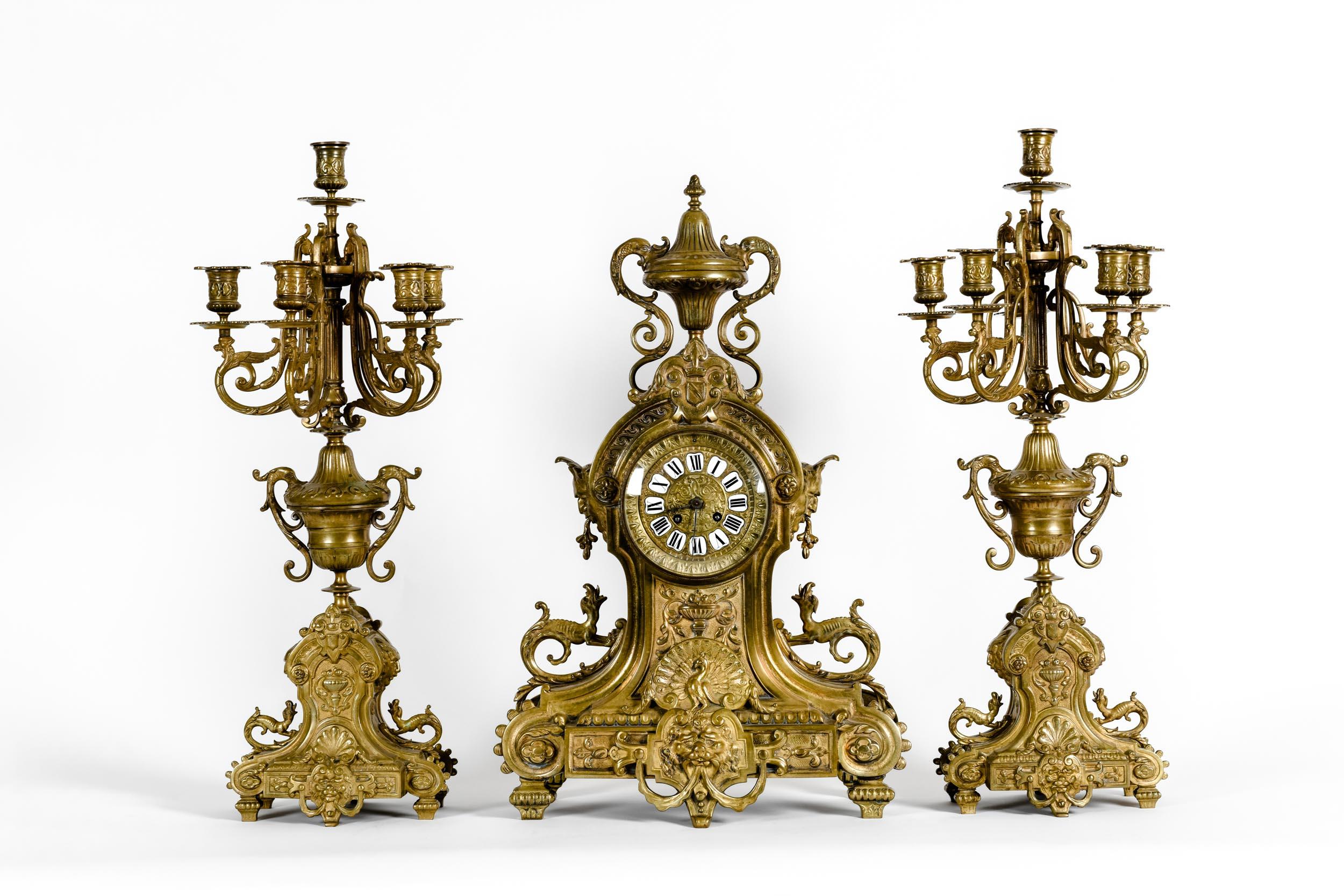 Antique English Bronze Three-Piece Clock Garniture Set 11