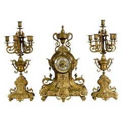 Antique English Bronze Three-Piece Clock Garniture Set