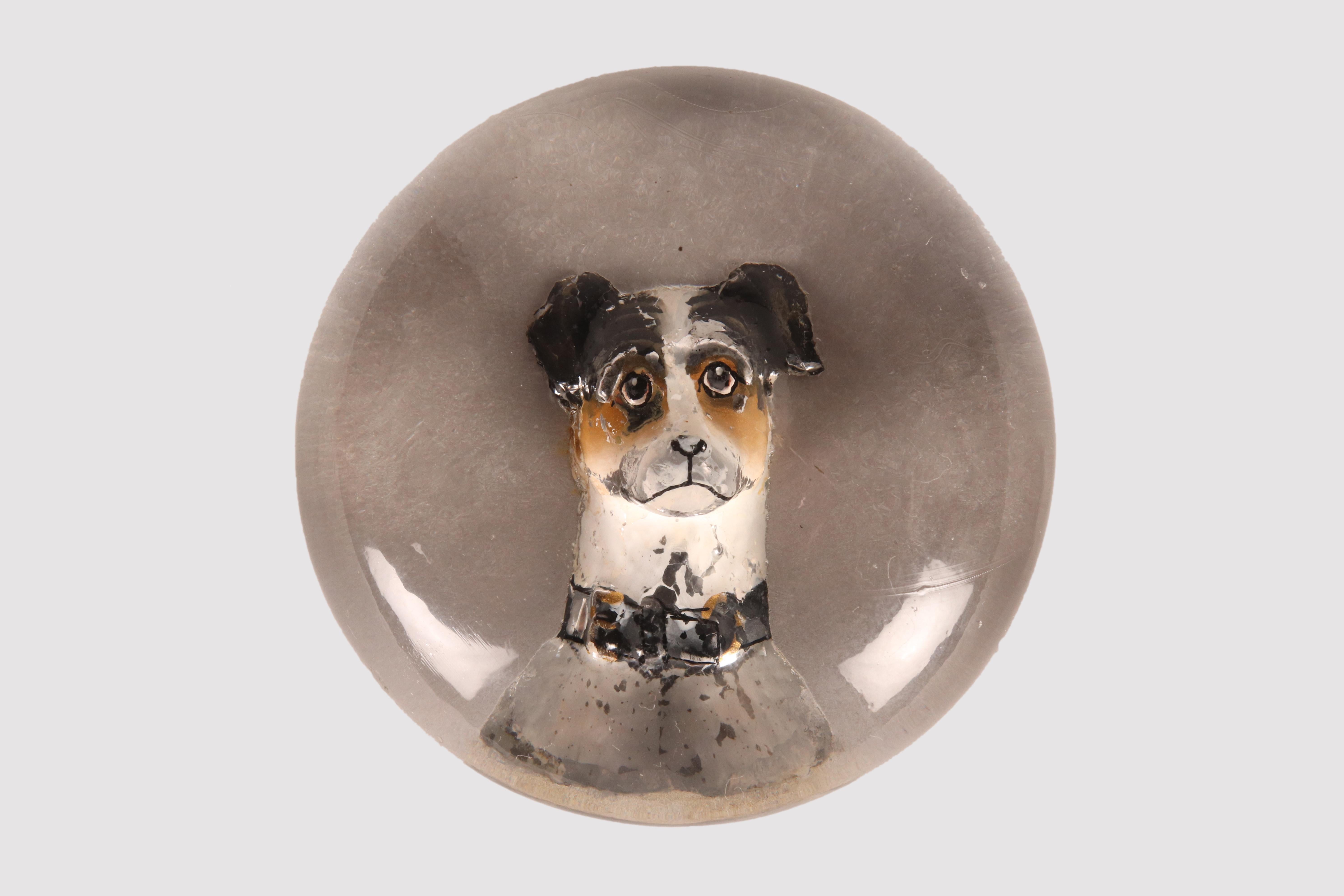 Antique English bubble glass paper weight or paper press, with intaglio of the head of a Jack Russel dog, carved and painted reverse, Essex crystal style links. (Essex crystal jewelry became popular during the Victorian era, using a reverse carving