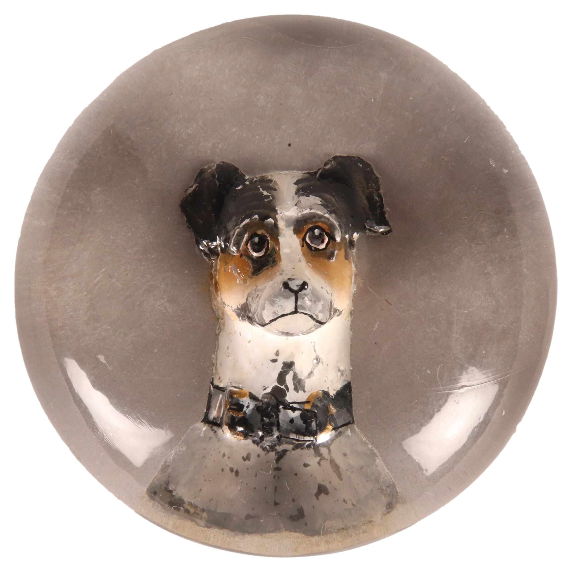 Antique English bubble glass paper weight, with a Jack Russel dog, England 1900. For Sale