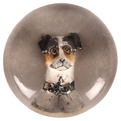 Used English bubble glass paper weight, with a Jack Russel dog, England 1900.
