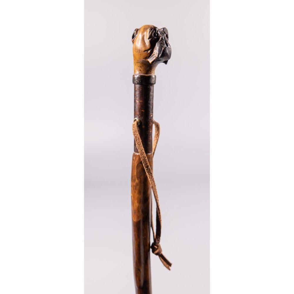 Antique English Bulldog Carved Walnut Walking Stick In Good Condition In Pearland, TX