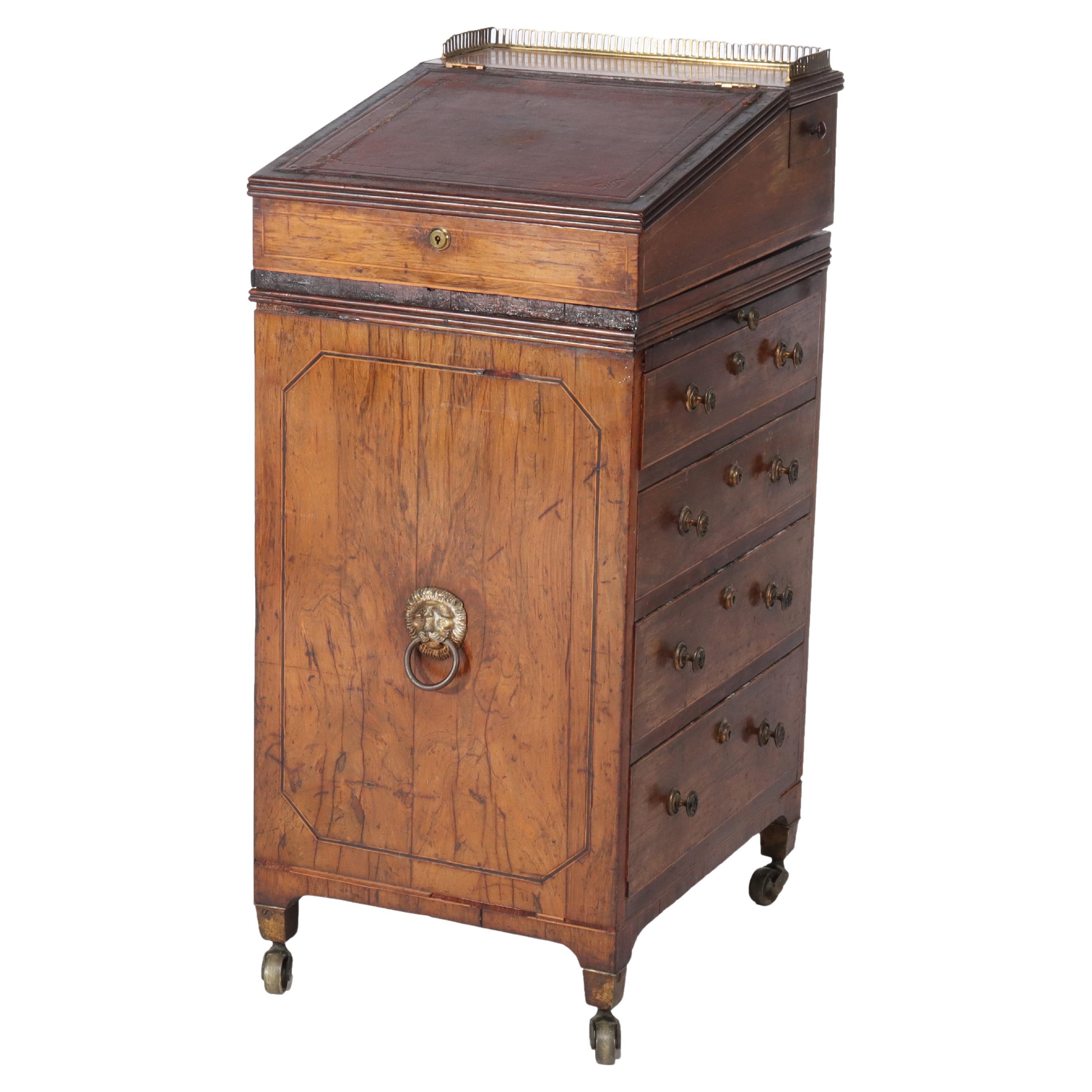 Antique English Burl 4 Drawer Leather Top Davenport C1880 For Sale