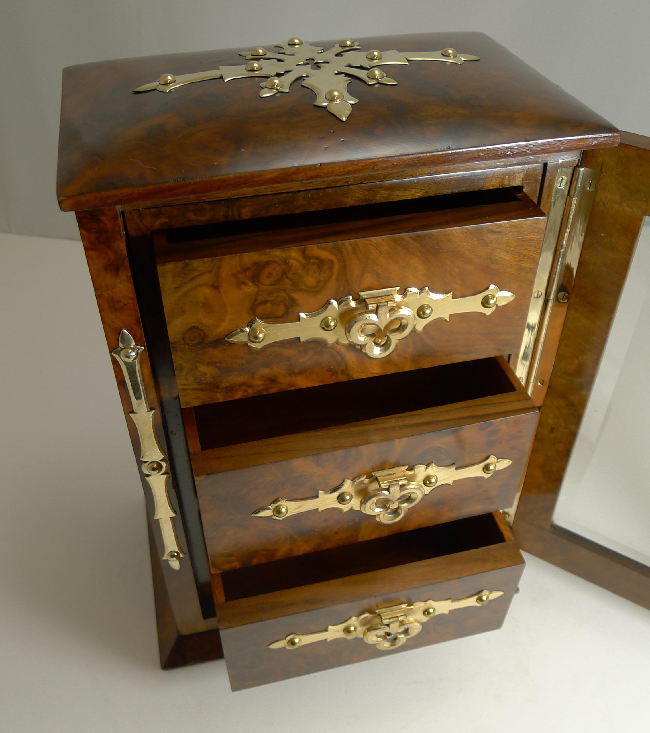 Antique English Burl Walnut Jewelry Cabinet / Box, circa 1880 3