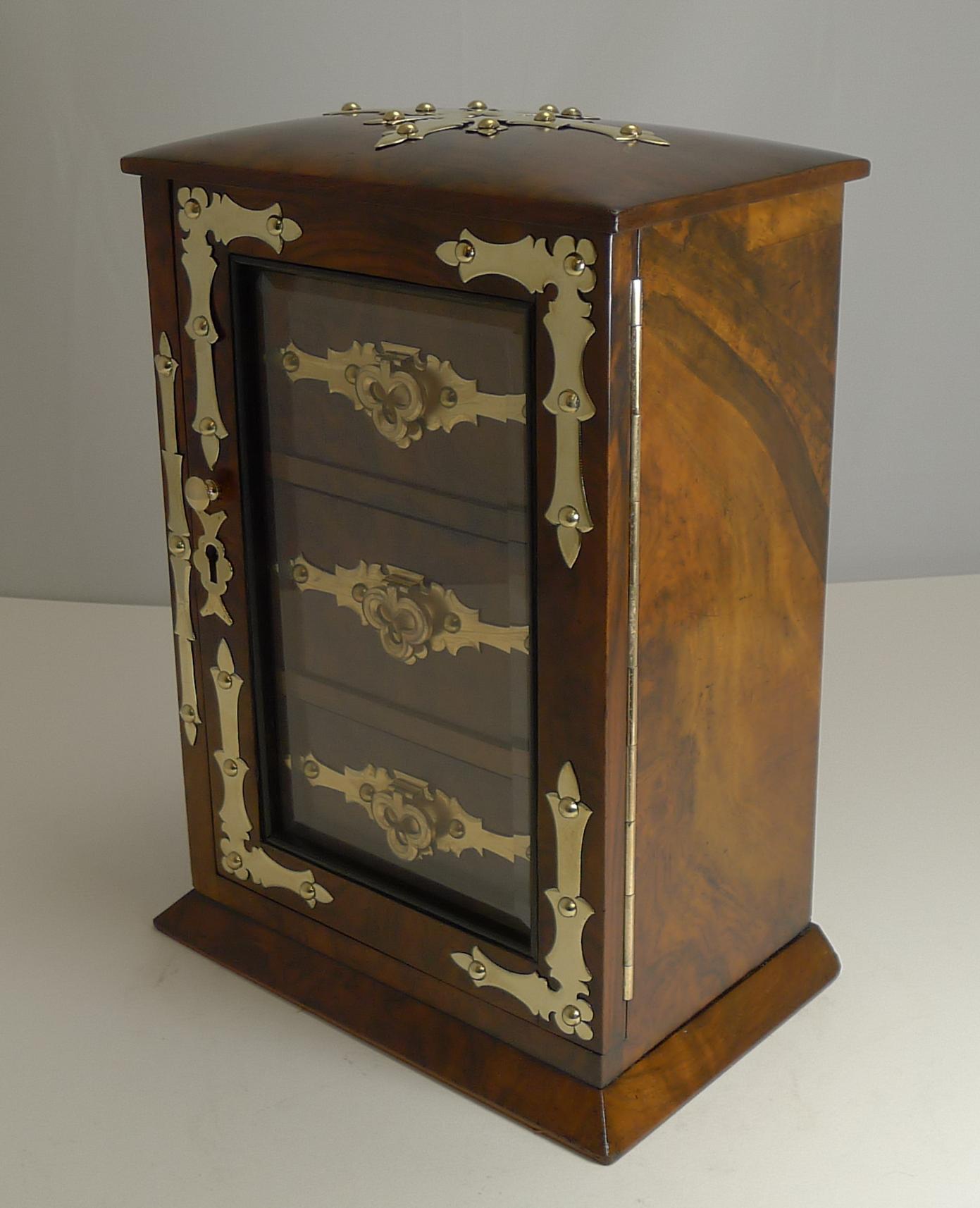 Late Victorian Antique English Burl Walnut Jewelry Cabinet / Box, circa 1880
