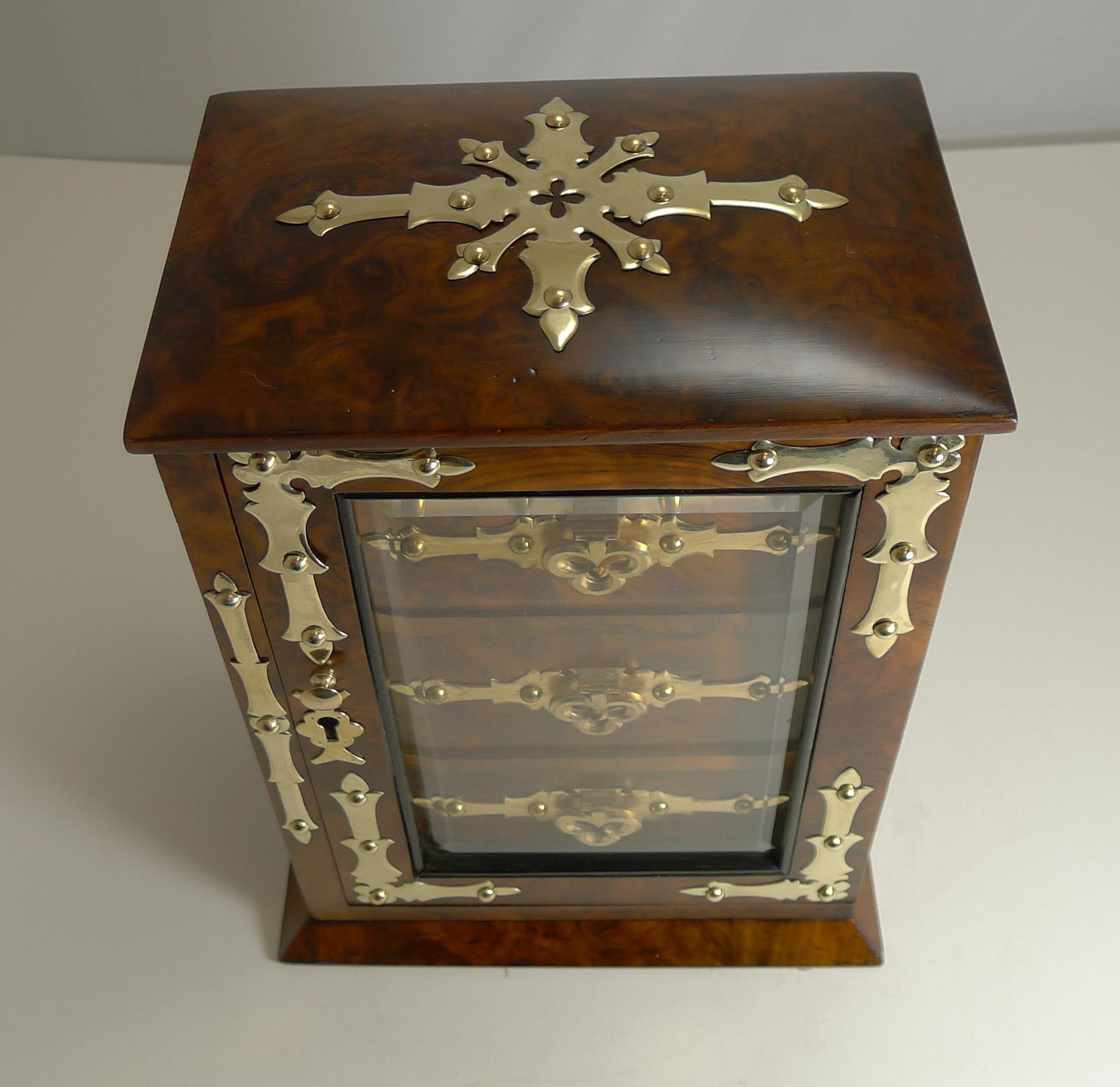 Late 19th Century Antique English Burl Walnut Jewelry Cabinet / Box, circa 1880