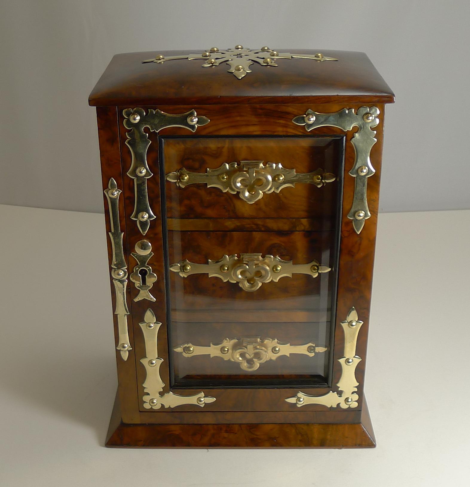 Brass Antique English Burl Walnut Jewelry Cabinet / Box, circa 1880