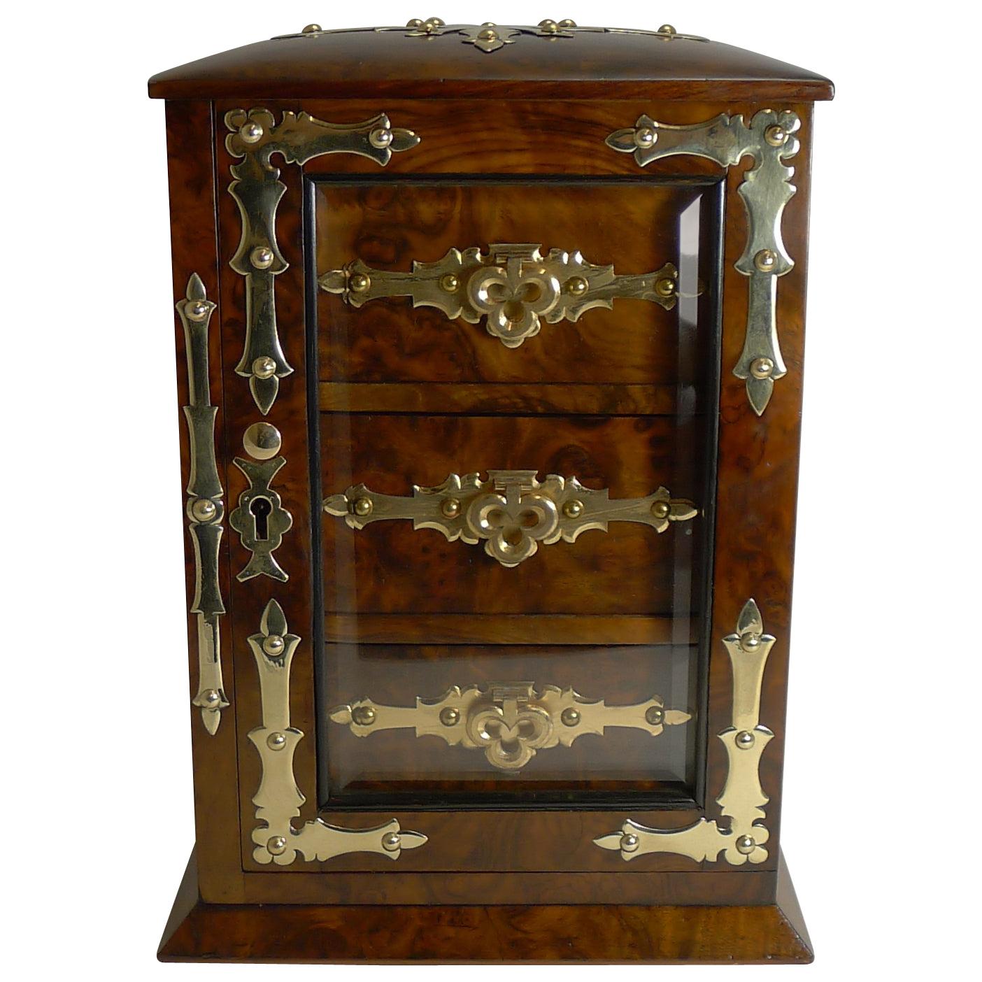 Antique English Burl Walnut Jewelry Cabinet / Box, circa 1880