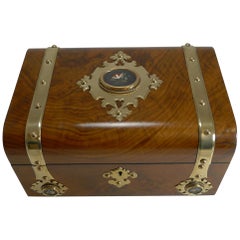 Antique English Burl Walnut Jewelry Box, Brass and Pietra Dura Mounted
