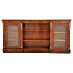 Antique English Burl Walnut Long Inlaid Ormolu Bookcase Buffet Sideboard, 1870