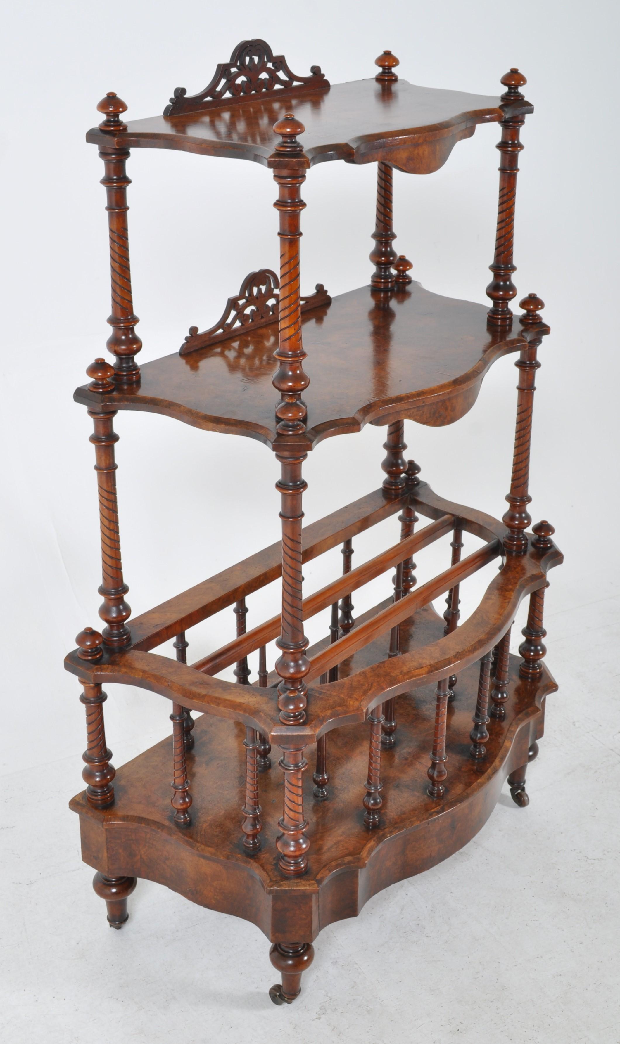 Antique English burl walnut music Canterbury Whatnot stand, circa 1870. A fine Victorian music Canterbury with a twin-tiered whatnot above, having turned supports and pierced fretwork panels. The base having a Canterbury for sheet music or