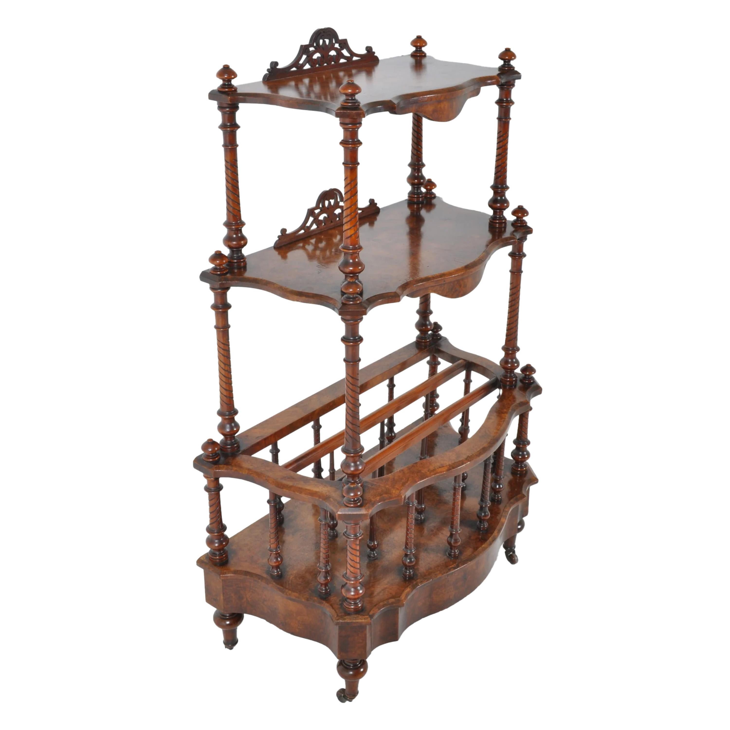 Pieno vittoriano Antico legname inglese in radica di noce per la musica Canterbury Whatnot Etagere Stand 1880 in vendita