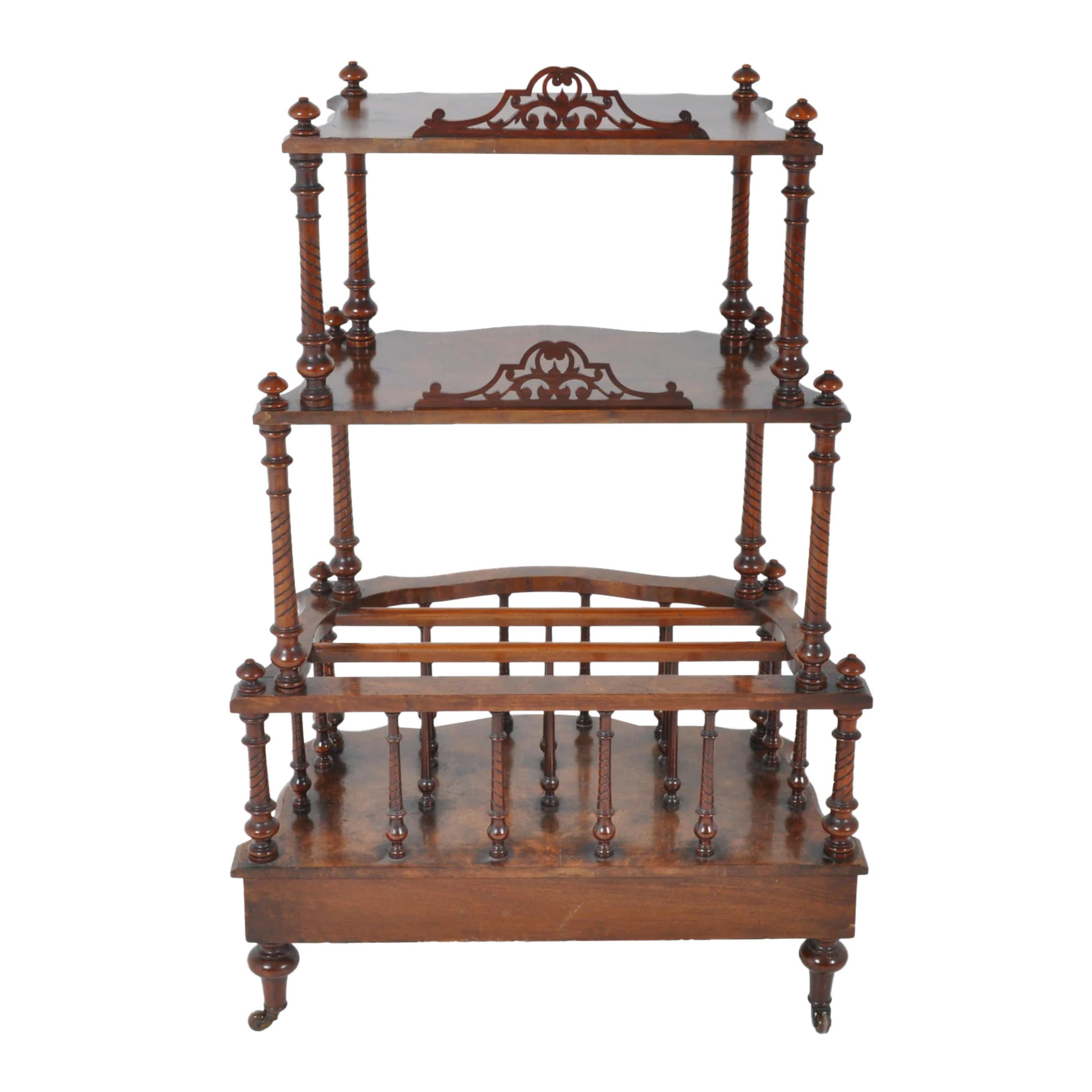 Fine XIX secolo Antico legname inglese in radica di noce per la musica Canterbury Whatnot Etagere Stand 1880 in vendita