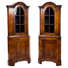 Antique English Burl Walnut / Pine Dutch Colonial Revival Corner Cabinets - Pair