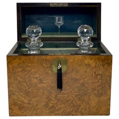 Antique English Burled Walnut and Crystal 2-Bottle Tantalus, Circa 1870-1880.