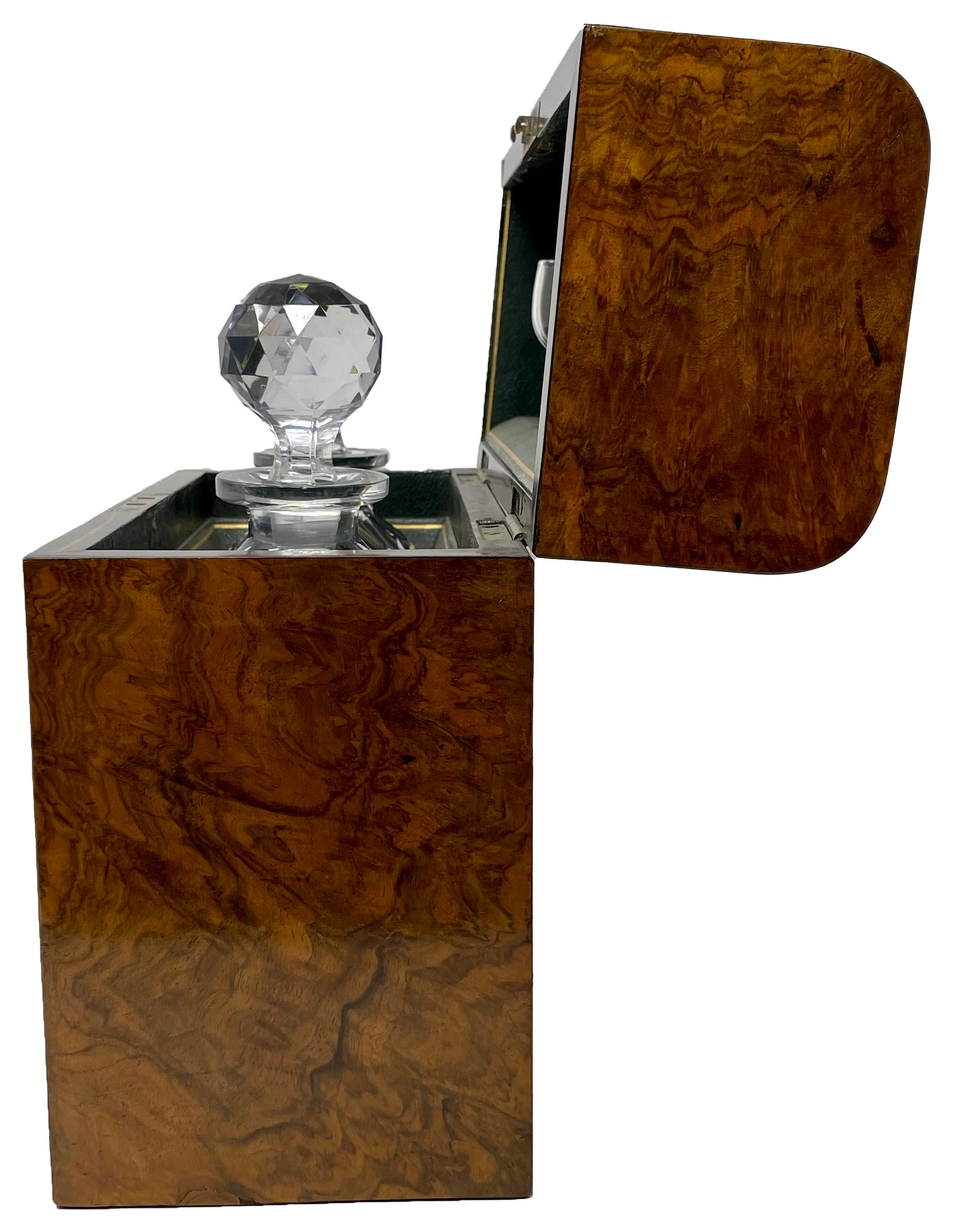 Antique English Burled Walnut and Cut Crystal 2 Bottle Tantalus, Circa 1880. For Sale 1
