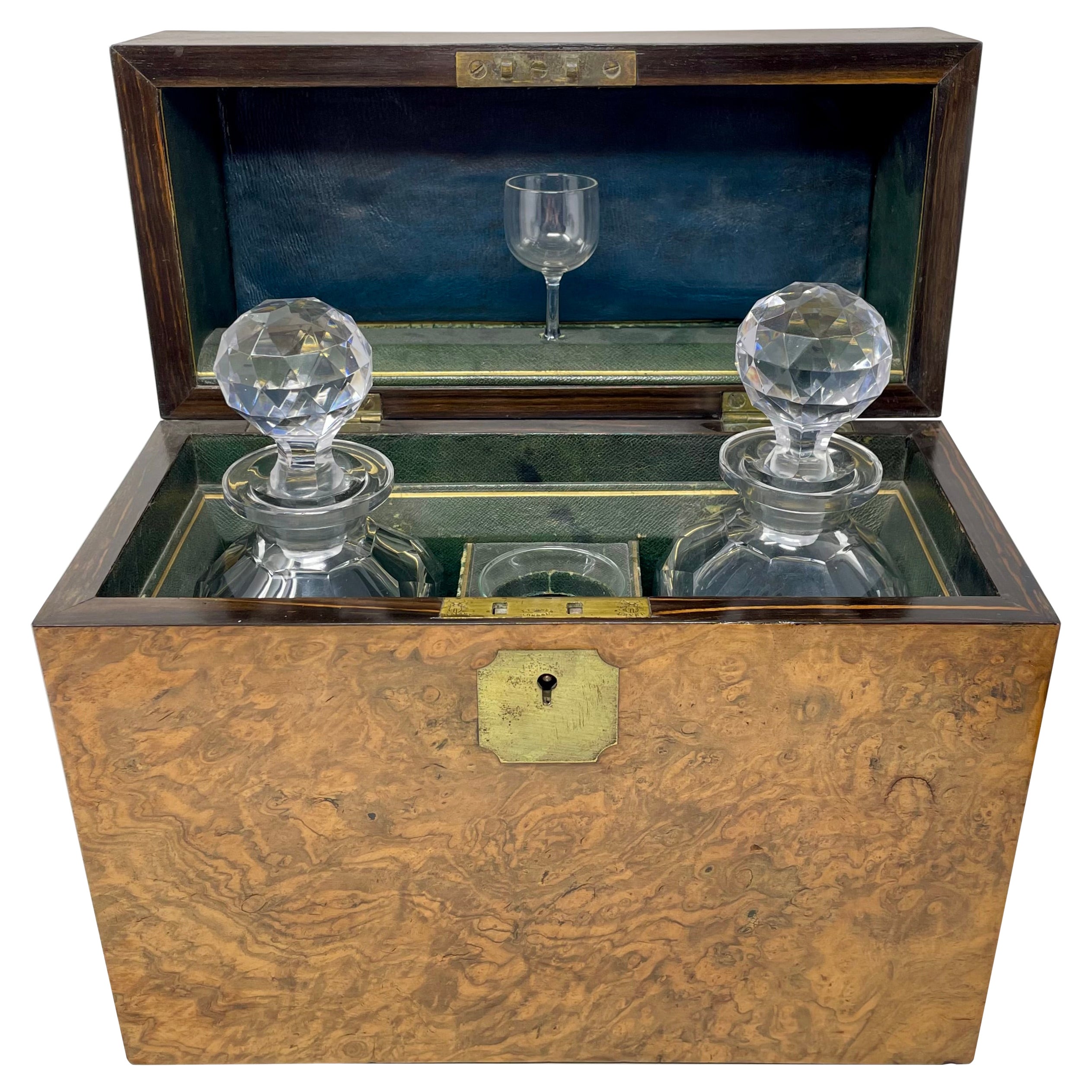 Antique English Burled Walnut and Cut Crystal 2 Bottle Tantalus, Circa 1880.