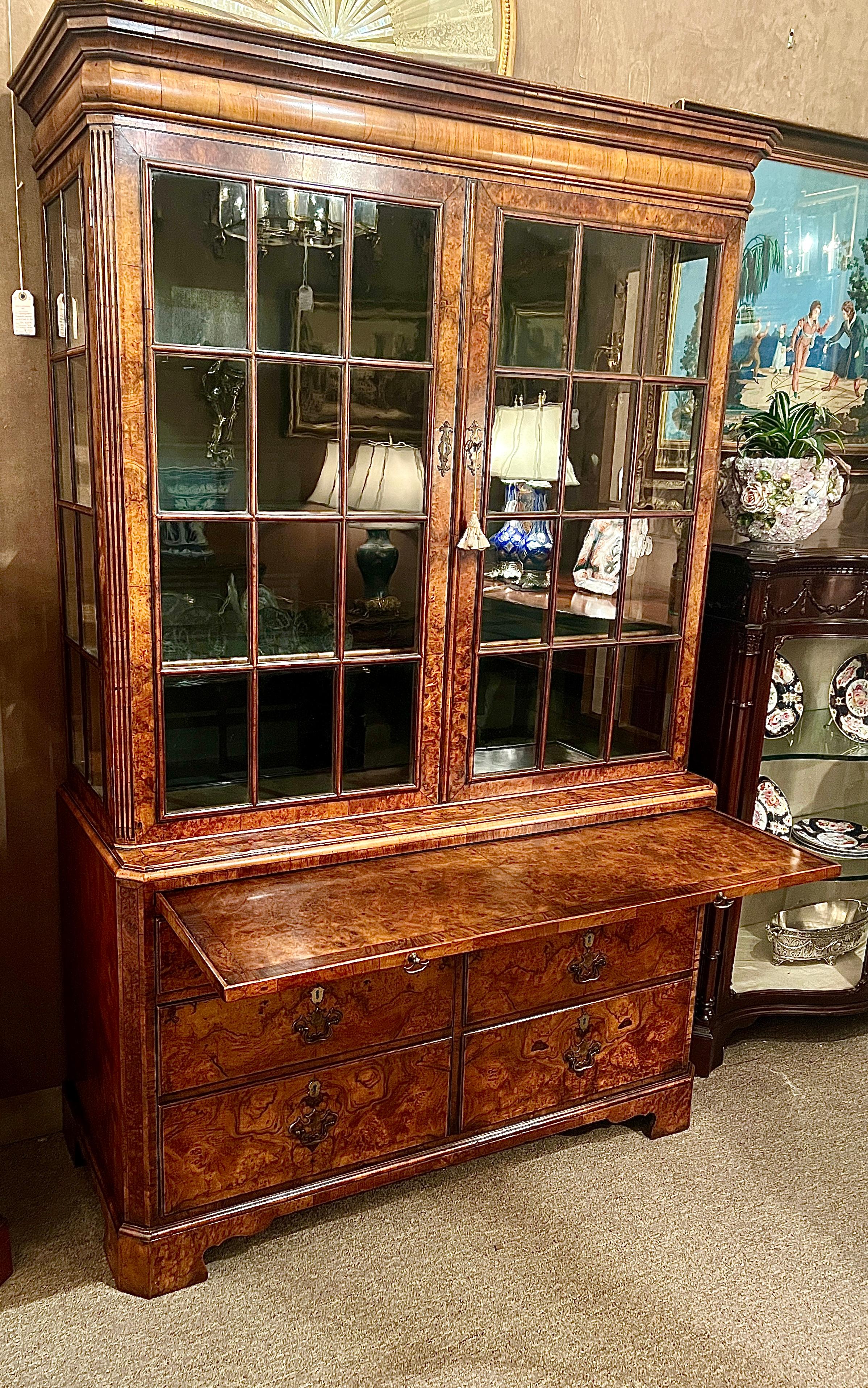 Antique English Burled Walnut Glass Front Cabinet with Writing Slide, Circa 1880 In Good Condition For Sale In New Orleans, LA
