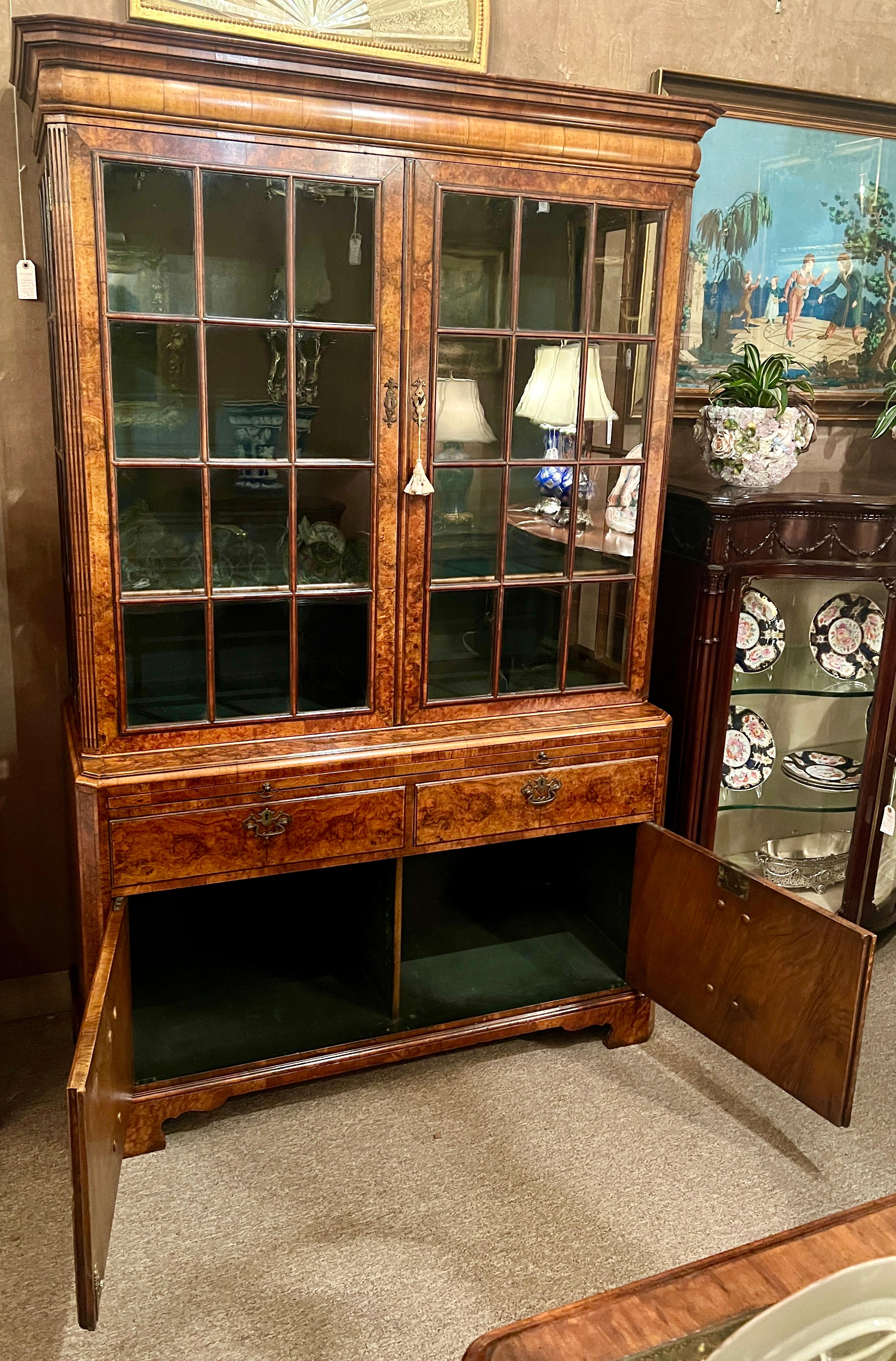 Antique English Burled Walnut Glass Front Cabinet with Writing Slide, Circa 1880 In Good Condition For Sale In New Orleans, LA