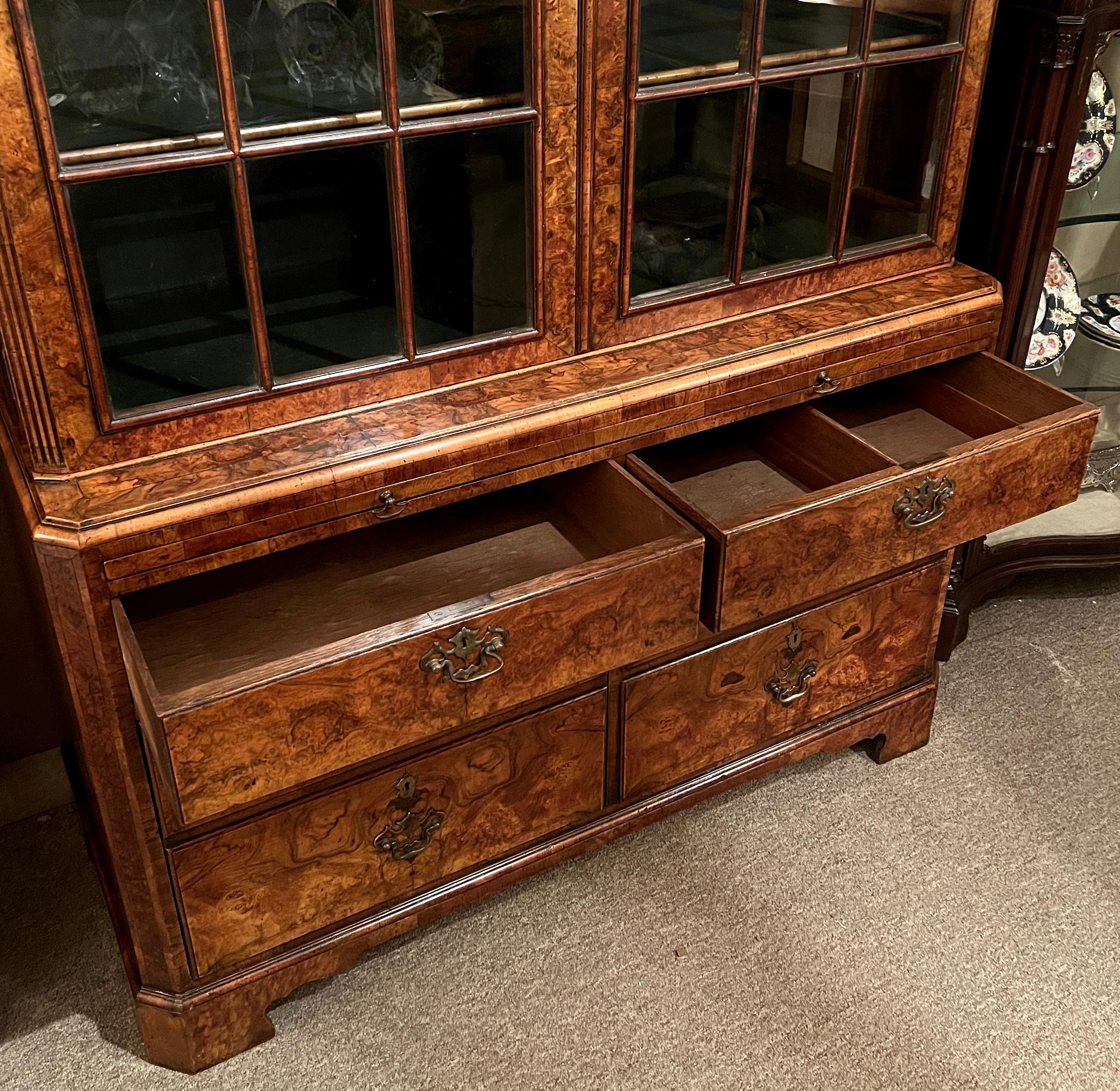 19th Century Antique English Burled Walnut Glass Front Cabinet with Writing Slide, Circa 1880 For Sale