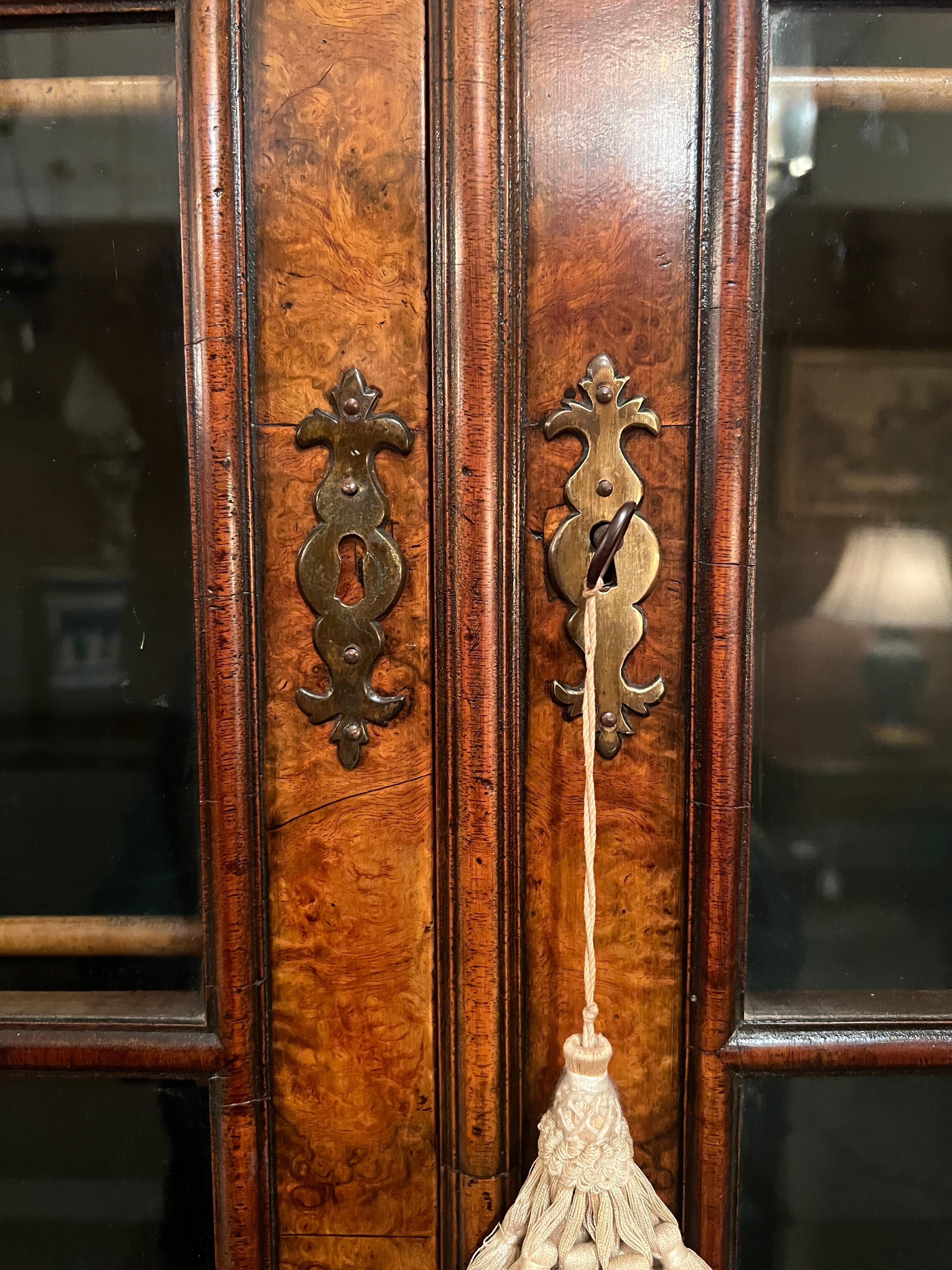 Antique English Burled Walnut Glass Front Cabinet with Writing Slide, Circa 1880 For Sale 2