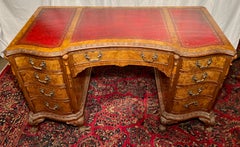 Antique English Burled Walnut Leather Top Desk, circa 1900