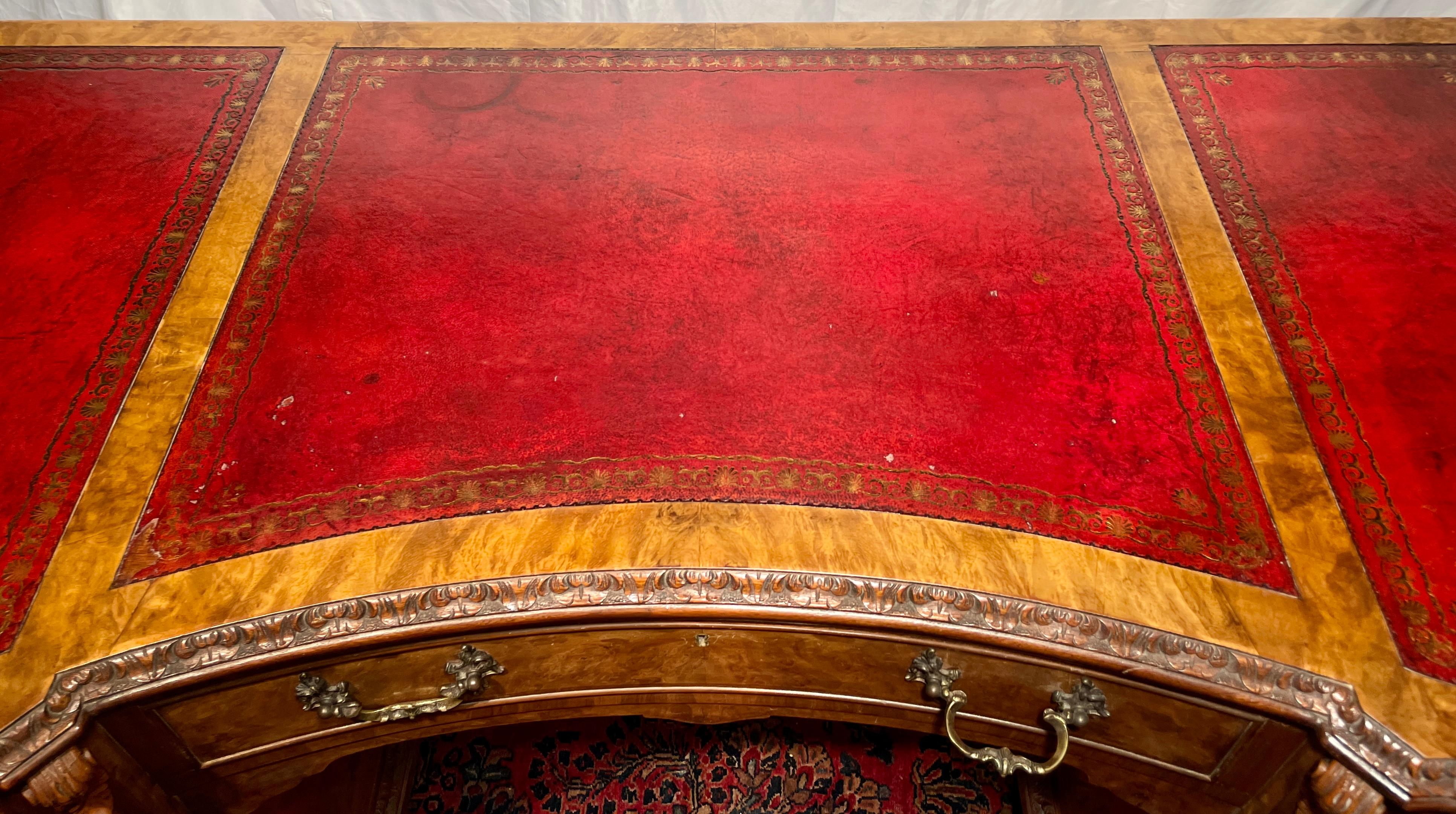 Antique English Burled Walnut Leather Top Desk, circa 1900 In Good Condition For Sale In New Orleans, LA