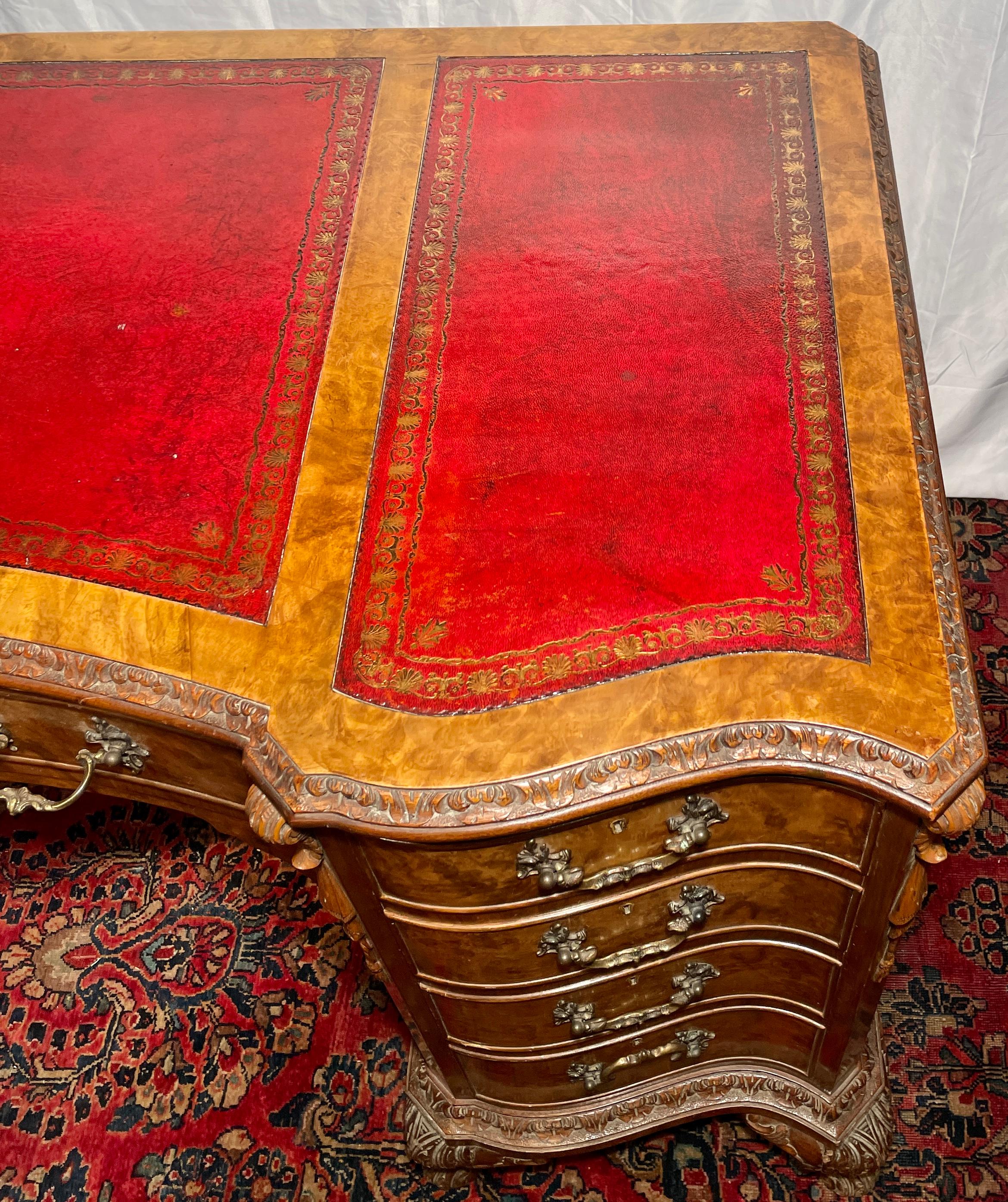 20th Century Antique English Burled Walnut Leather Top Desk, circa 1900 For Sale