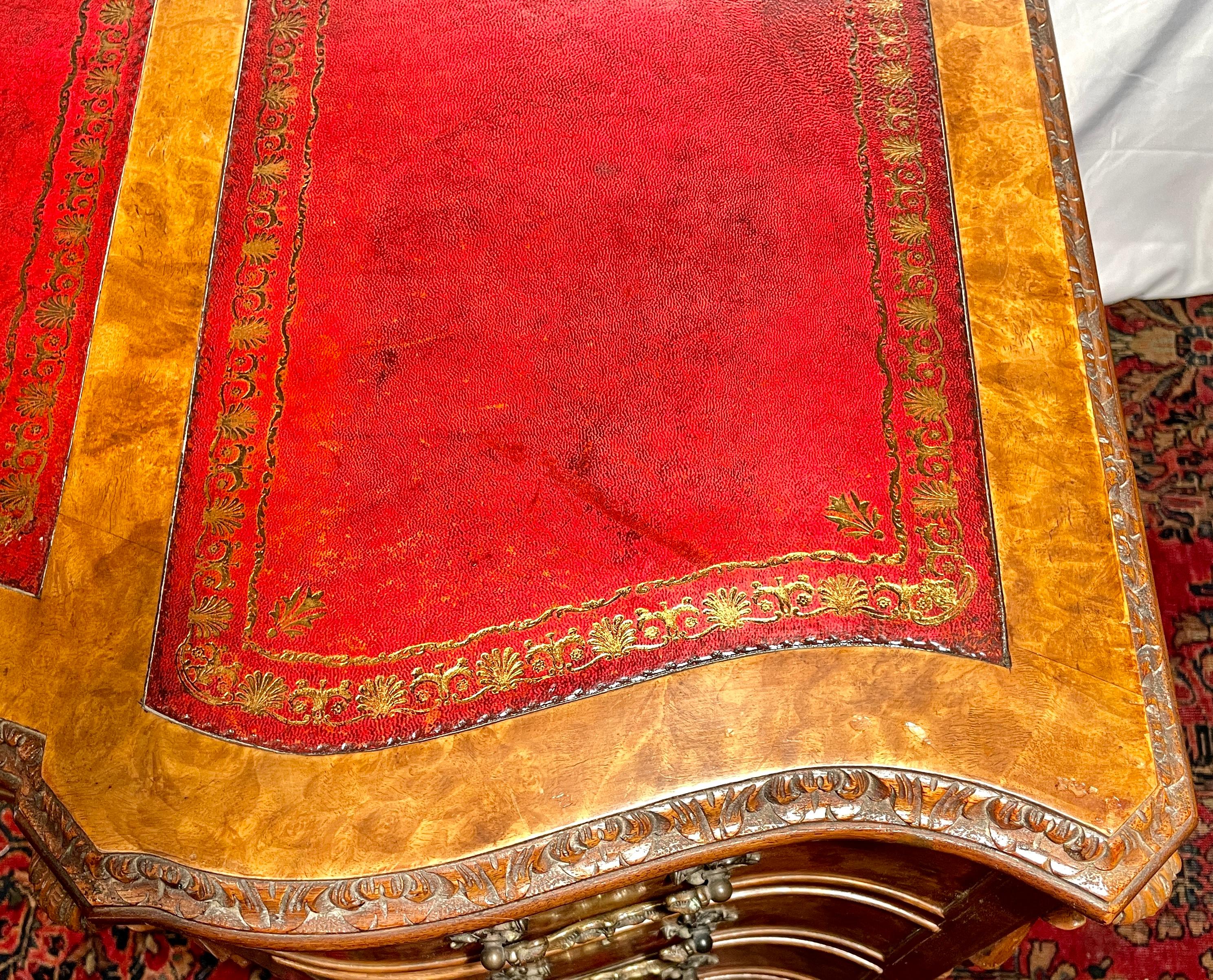 Antique English Burled Walnut Leather Top Desk, circa 1900 For Sale 1